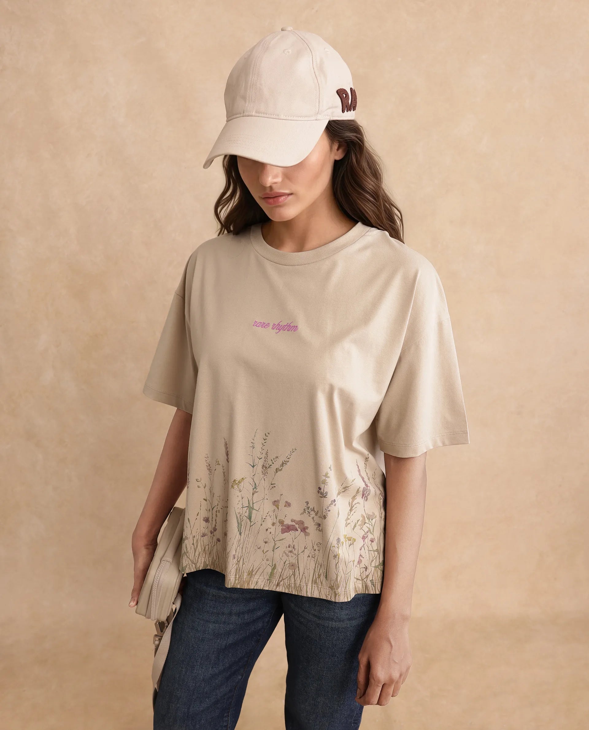 Rareism Women's Pront Beige Cotton Blend Crew Neck Floral Print Boxy Fit T-Shirt