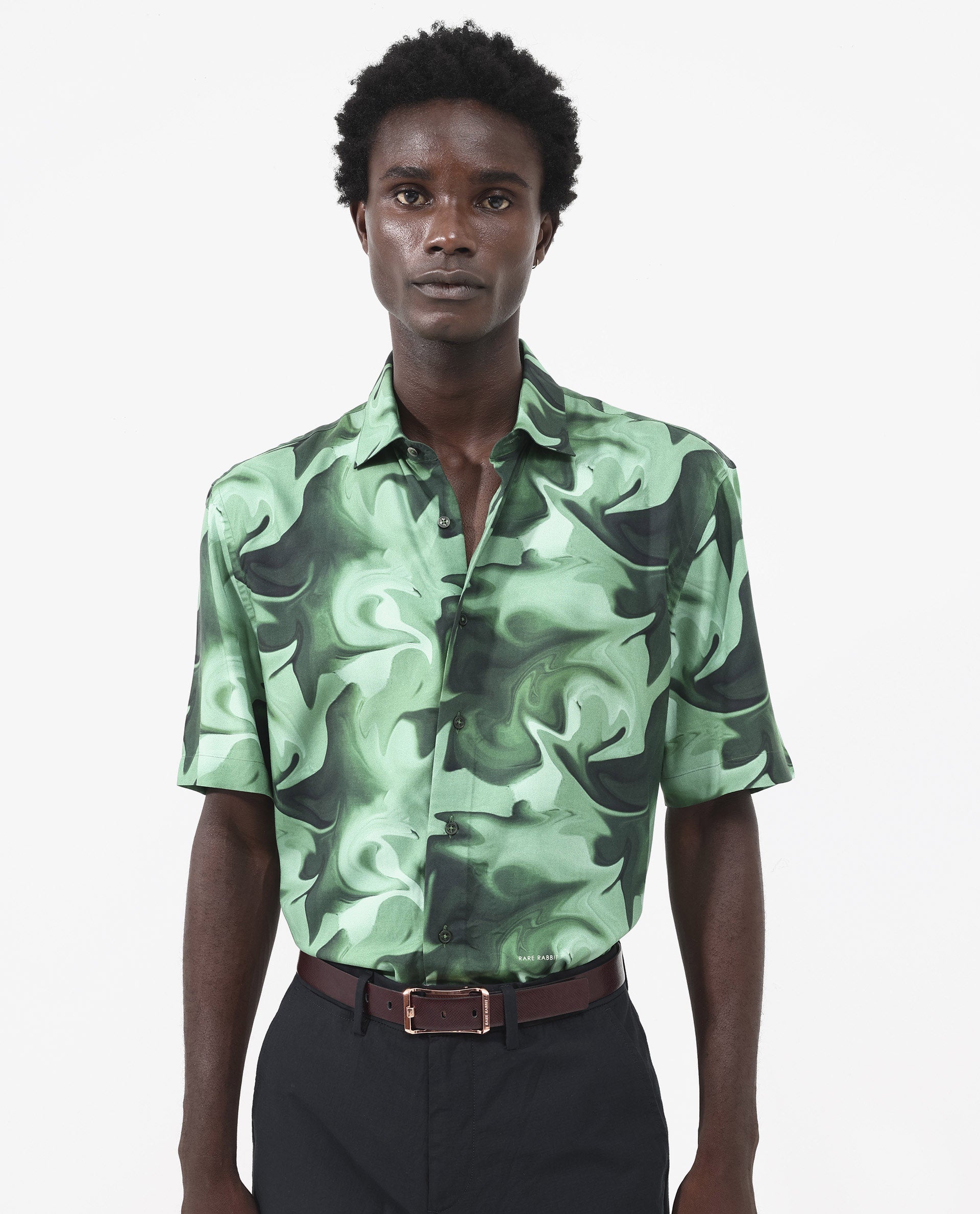 Rare Rabbit Men's Propus Pastel Green Viscose Fabric Short Sleeve Boxy Fit Abstract Print Shirt