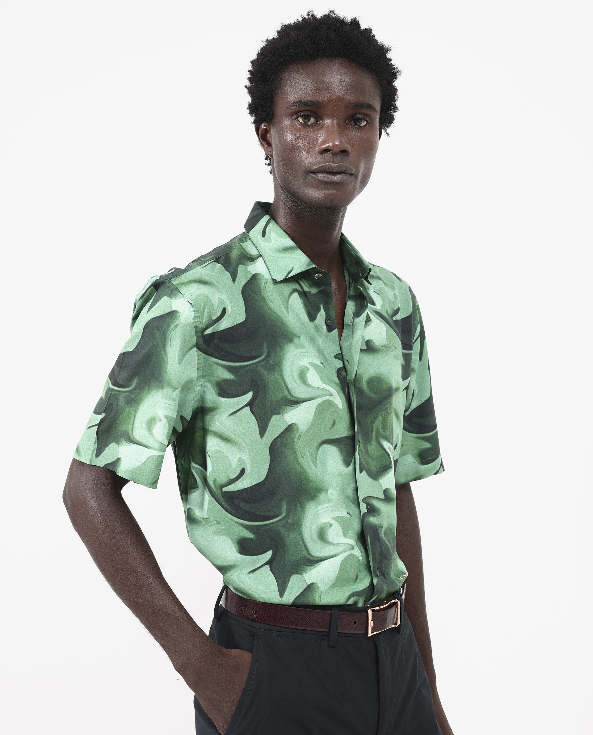 Rare Rabbit Men's Propus Pastel Green Viscose Fabric Short Sleeve Boxy Fit Abstract Print Shirt