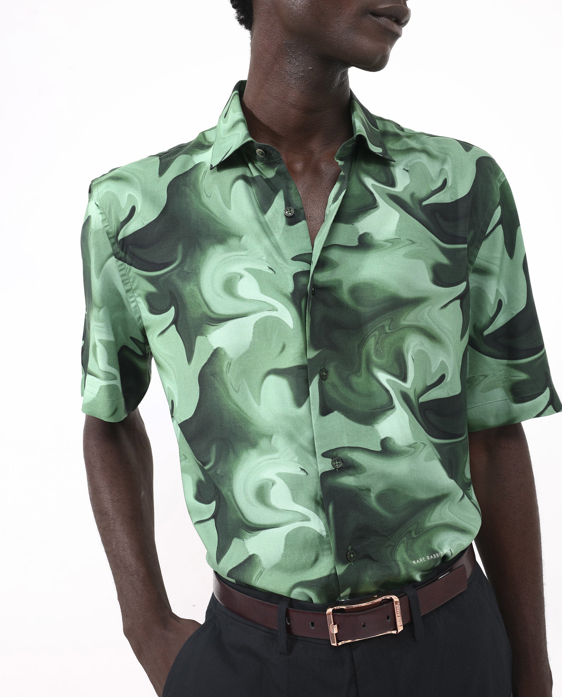 Rare Rabbit Men's Propus Pastel Green Viscose Fabric Short Sleeve Boxy Fit Abstract Print Shirt