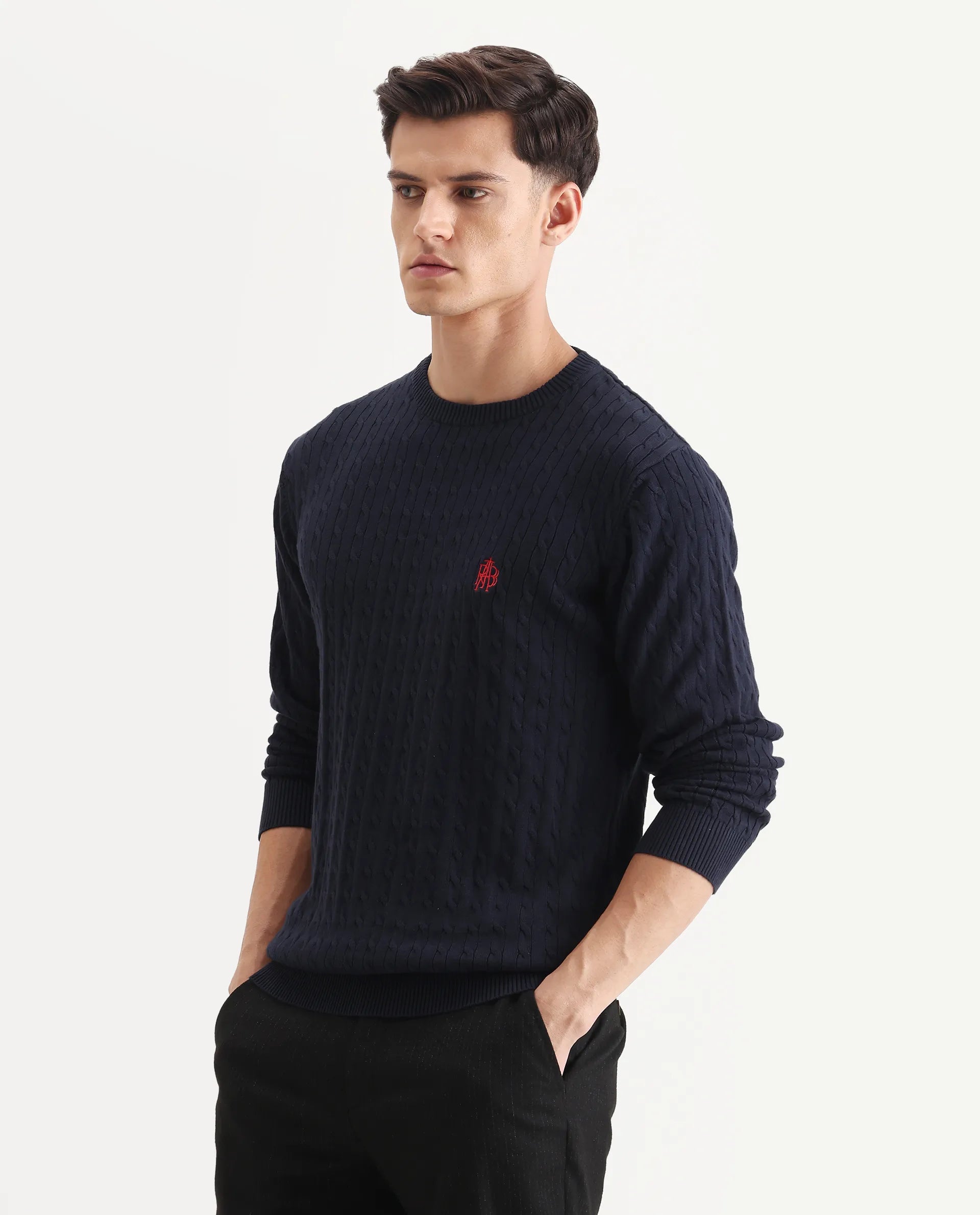 Rare Rabbit Men's Prota Navy Cotton Plain Regular Fit Full Sleeve Crew Neck Sweater