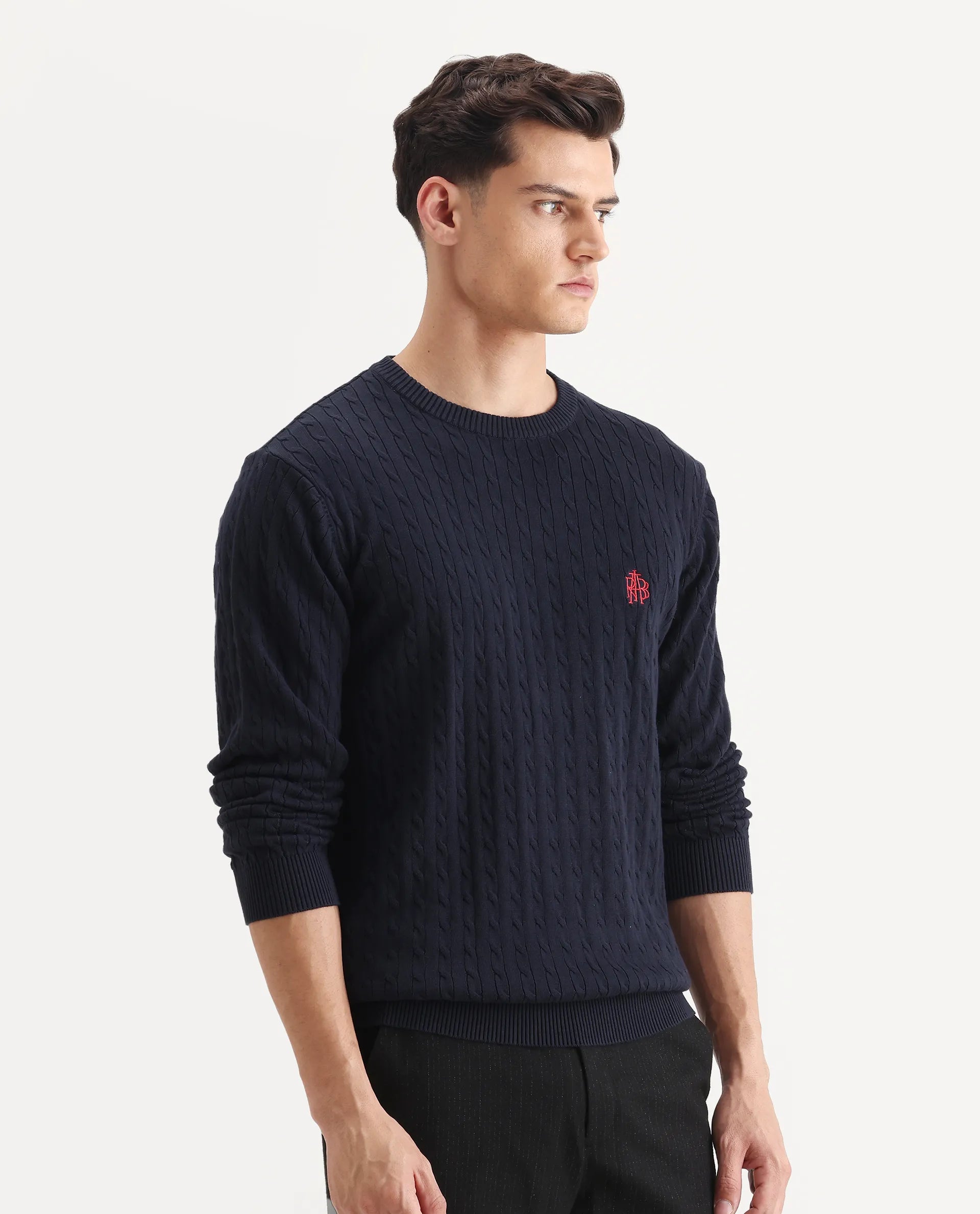 Rare Rabbit Men's Prota Navy Cotton Plain Regular Fit Full Sleeve Crew Neck Sweater
