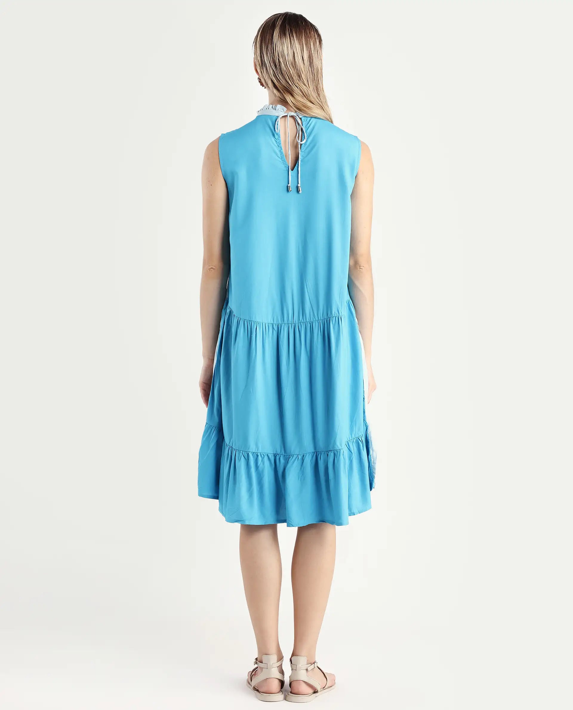 Rareism Women's Provoke Blue Cotton High Neck Color Block Sleeveless Knee Length Regular Fit Dress