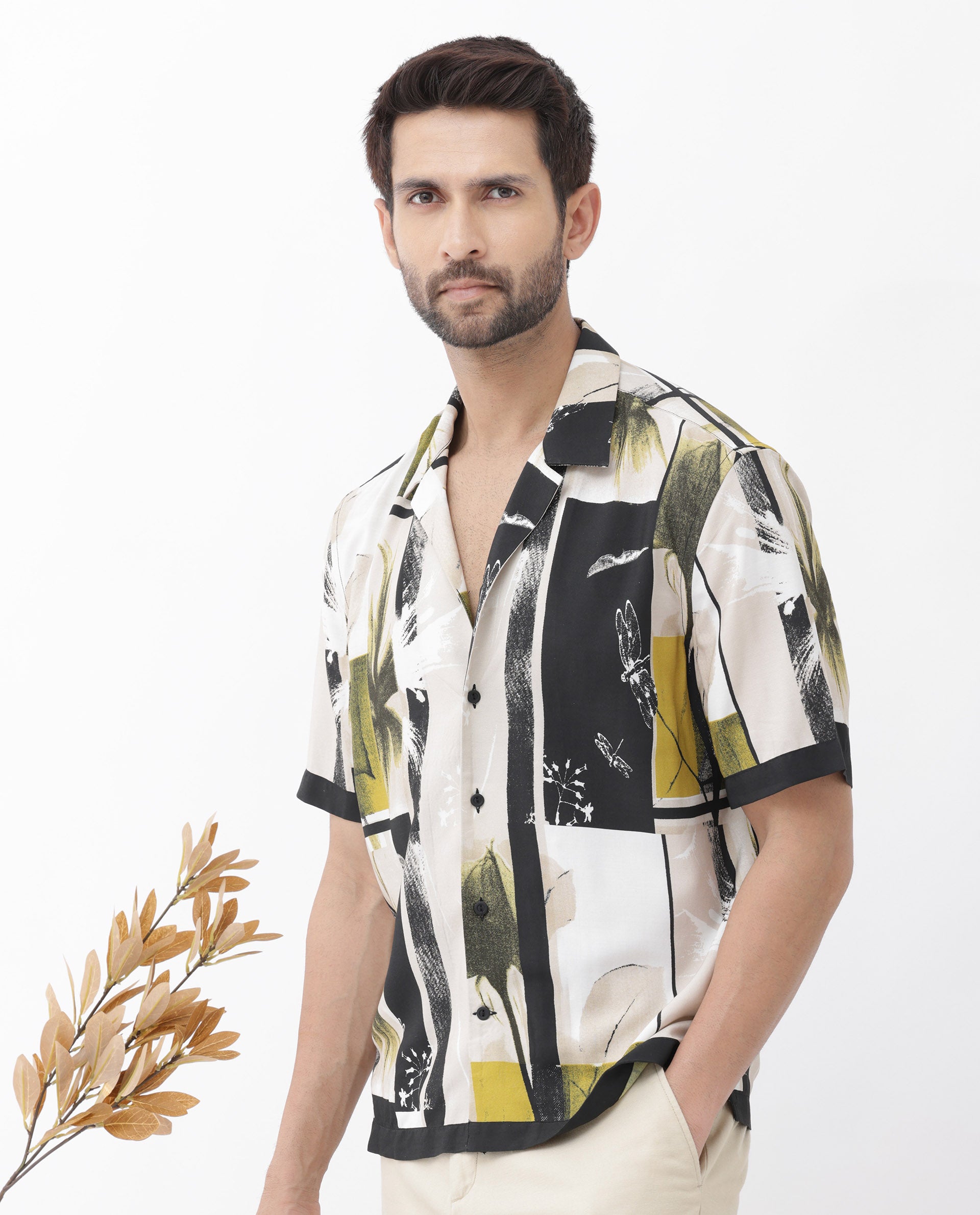 Rare Rabbit Mens Prunos Beige Viscose Fabric Short Sleeve Cuban Collar Boxy Fit Abstract Floral Print Shirt