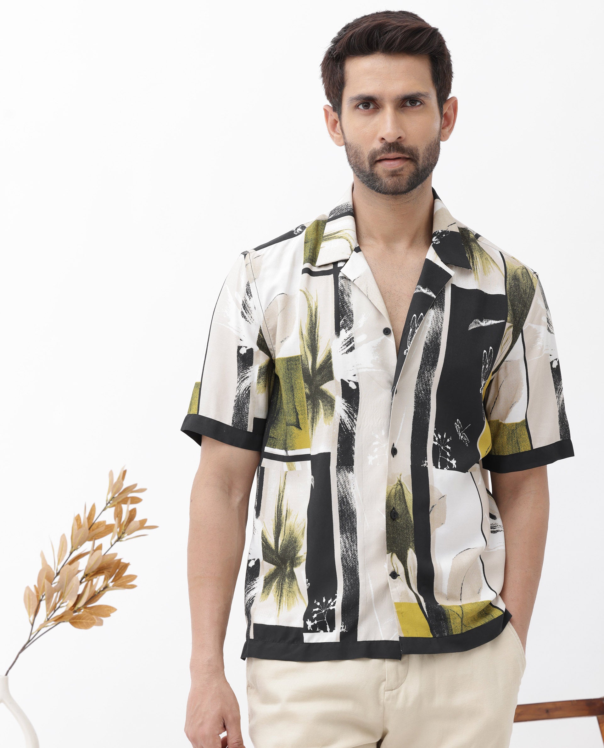 Rare Rabbit Mens Prunos Beige Viscose Fabric Short Sleeve Cuban Collar Boxy Fit Abstract Floral Print Shirt