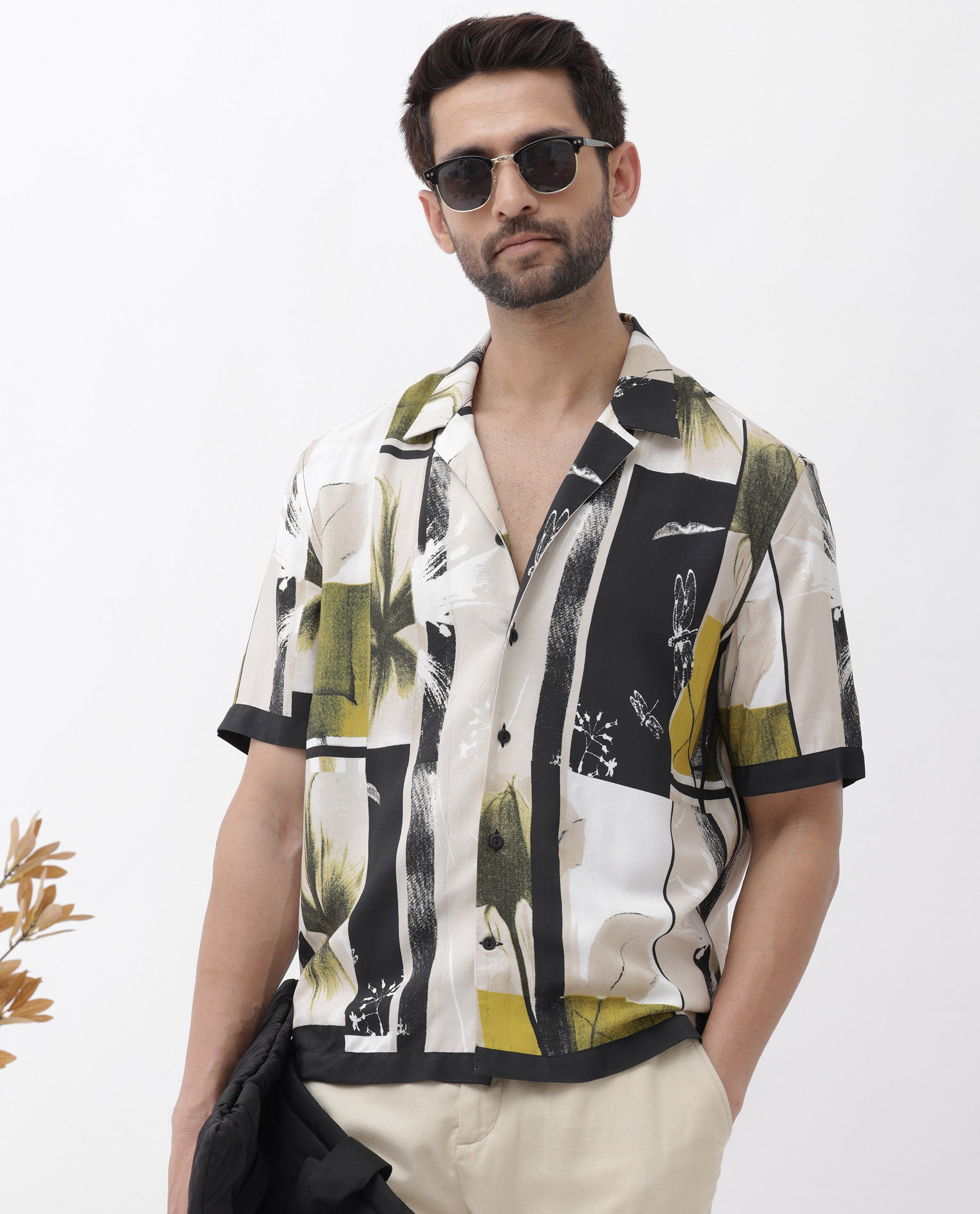 Rare Rabbit Mens Prunos Beige Viscose Fabric Short Sleeve Cuban Collar Boxy Fit Abstract Floral Print Shirt