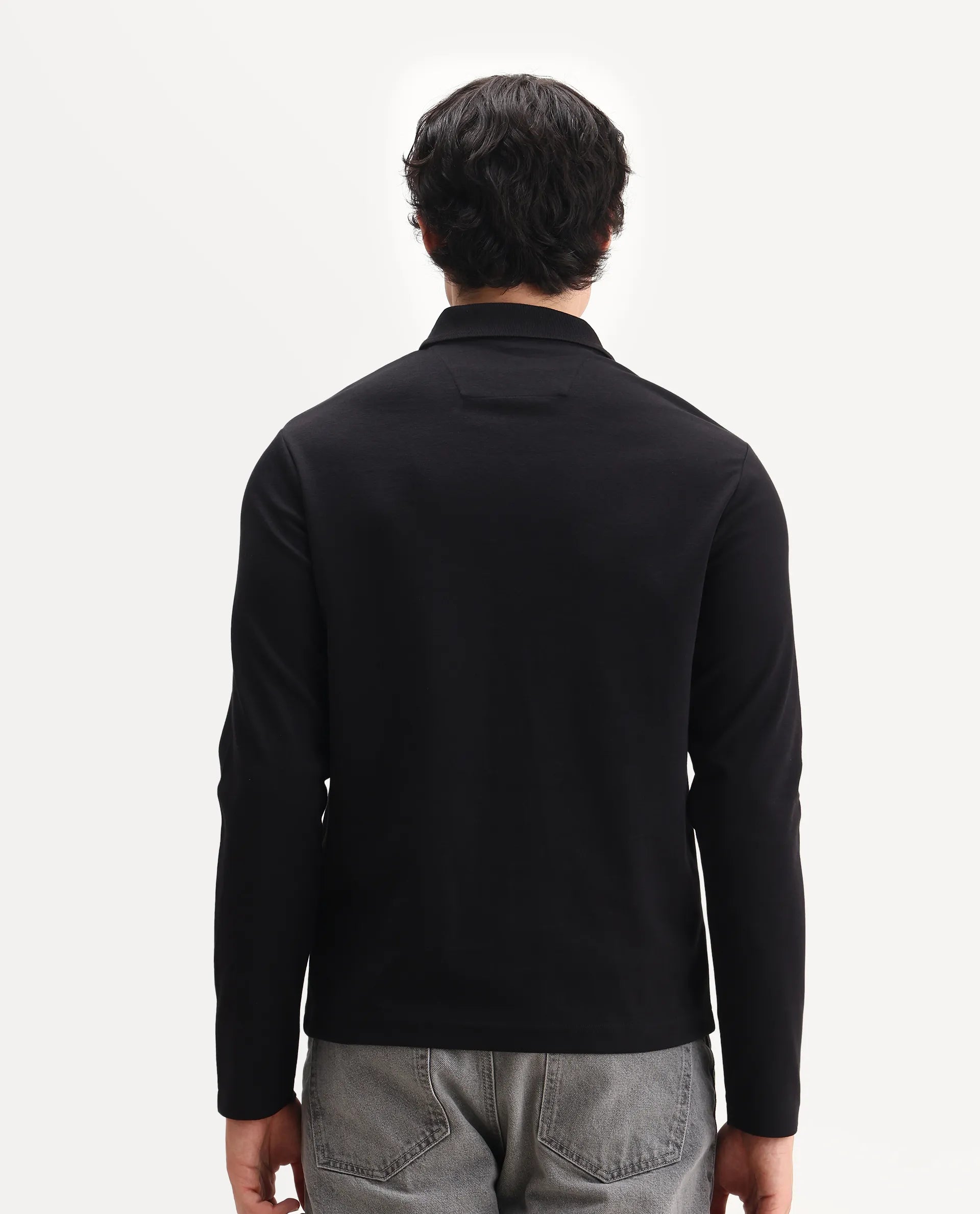 Rare Rabbit Men's Prut Black Cotton Blend Fabric Full Sleeve Spread Collar Plain Polo