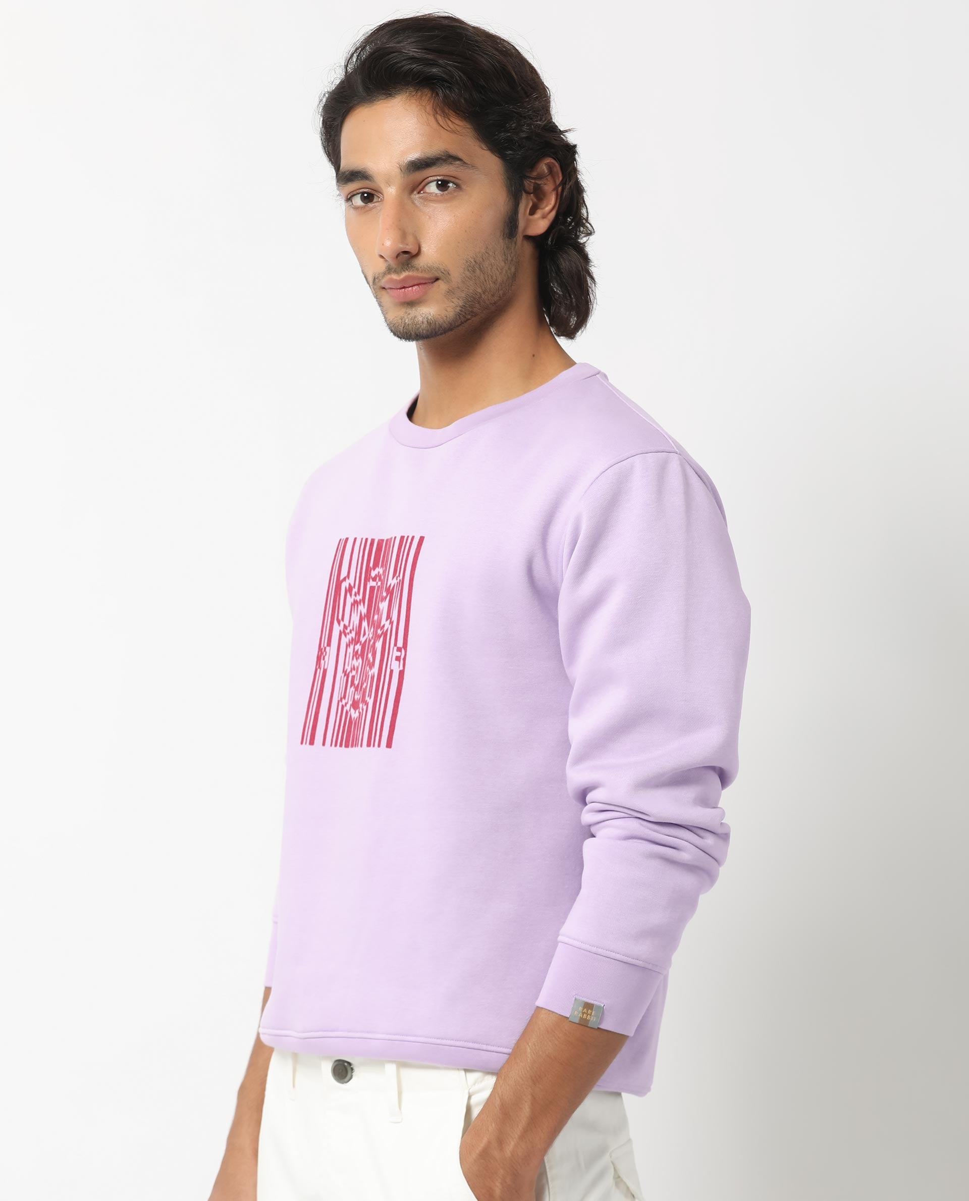 Rare Rabbit Men's Pysde Pastel Purple Cotton Polyester Fabric Full Sleeves Graphic Logo Print Sweatshirt