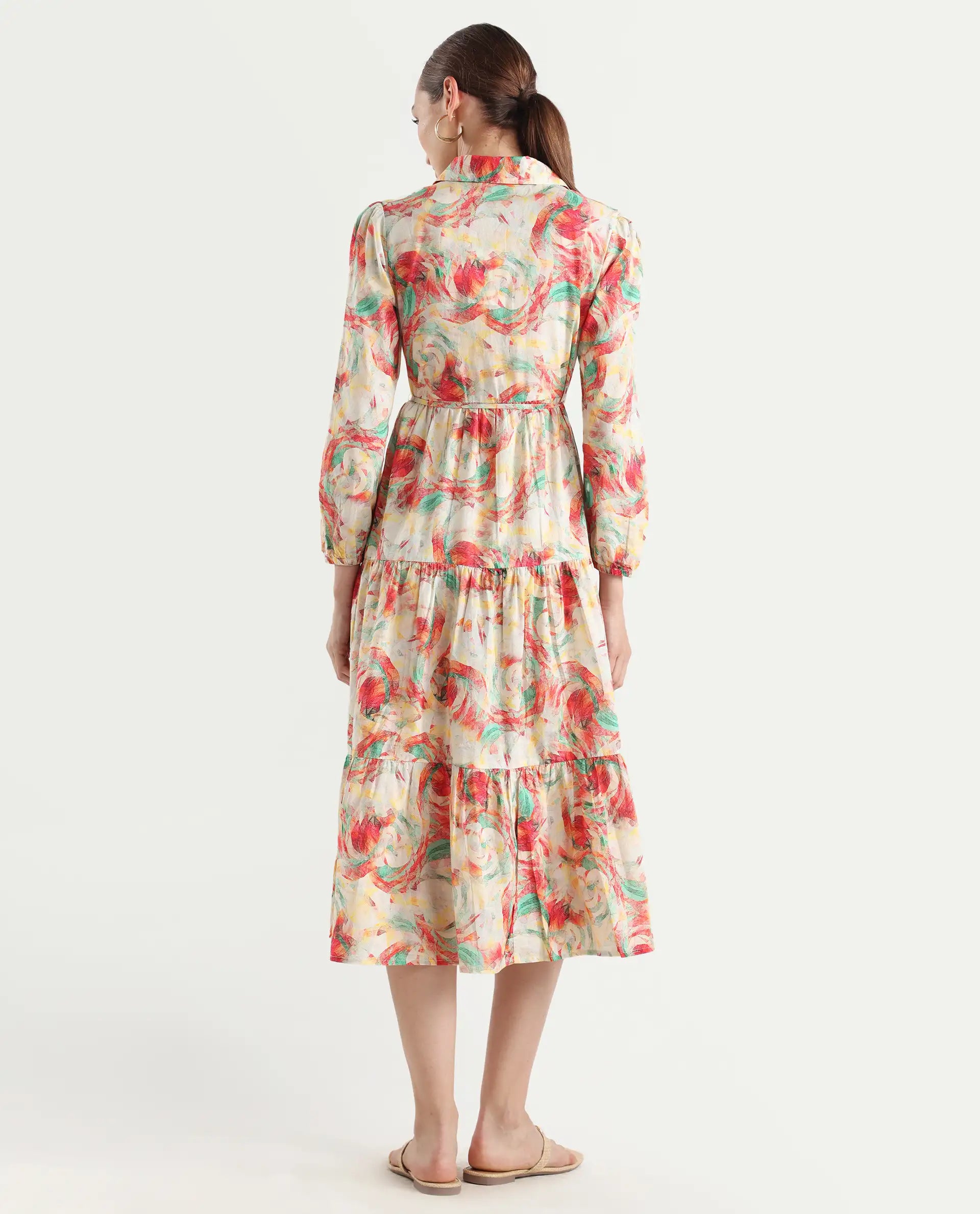 Rareism Women's Puebla Multi Cotton Drop Collar Abstract Print Bishop Sleeve Midi Fit And Flare Dress