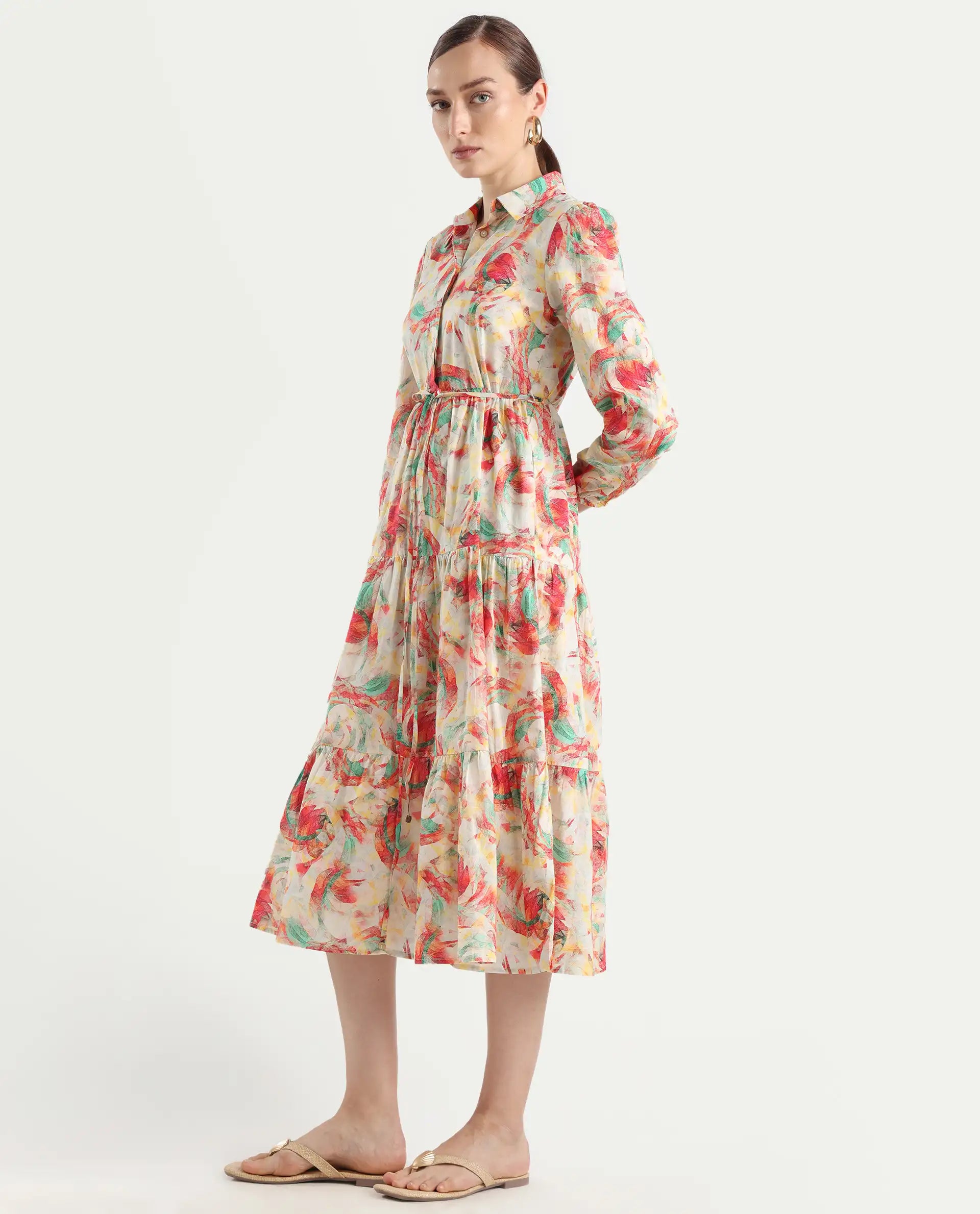 Rareism Women's Puebla Multi Cotton Drop Collar Abstract Print Bishop Sleeve Midi Fit And Flare Dress