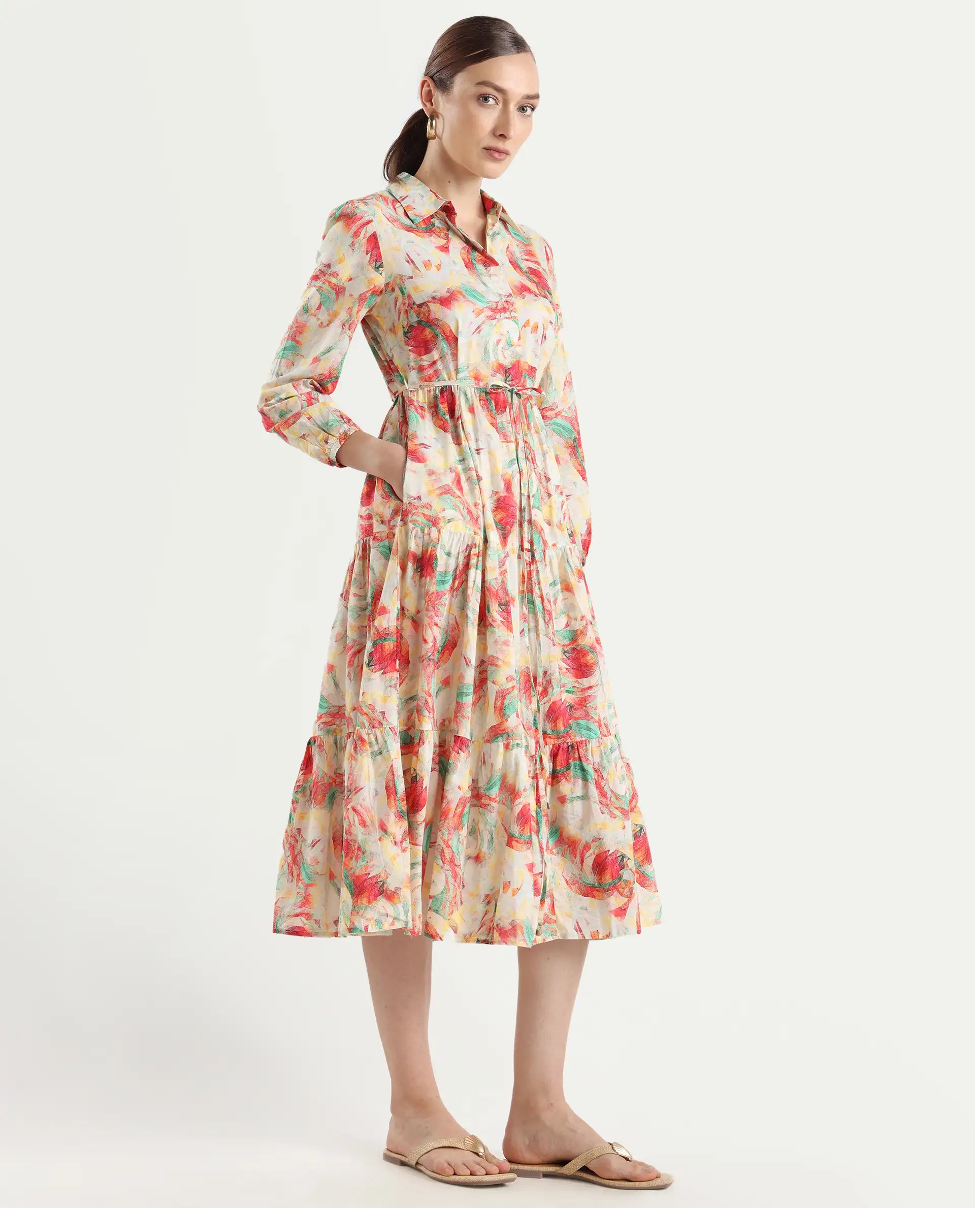 Rareism Women's Puebla Multi Cotton Drop Collar Abstract Print Bishop Sleeve Midi Fit And Flare Dress