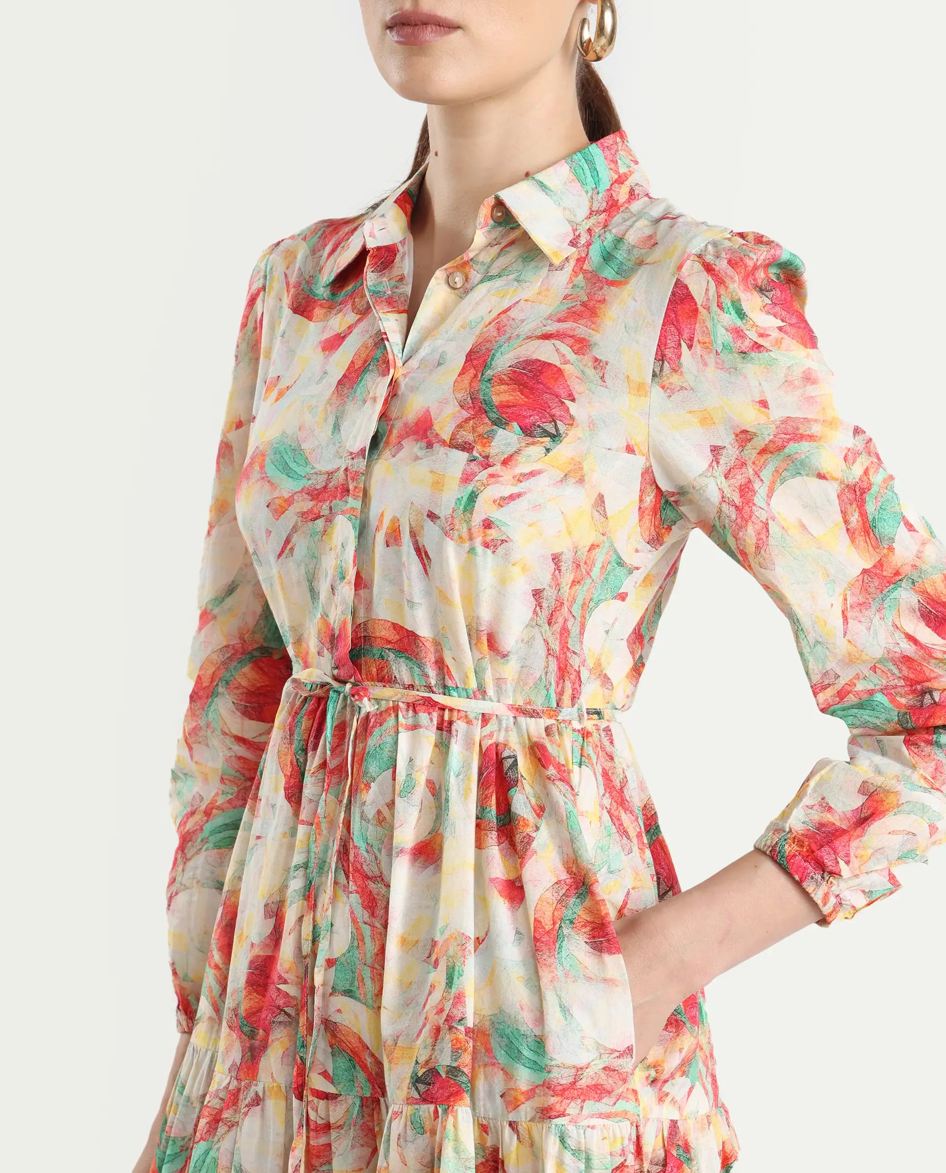 Rareism Women's Puebla Multi Cotton Drop Collar Abstract Print Bishop Sleeve Midi Fit And Flare Dress