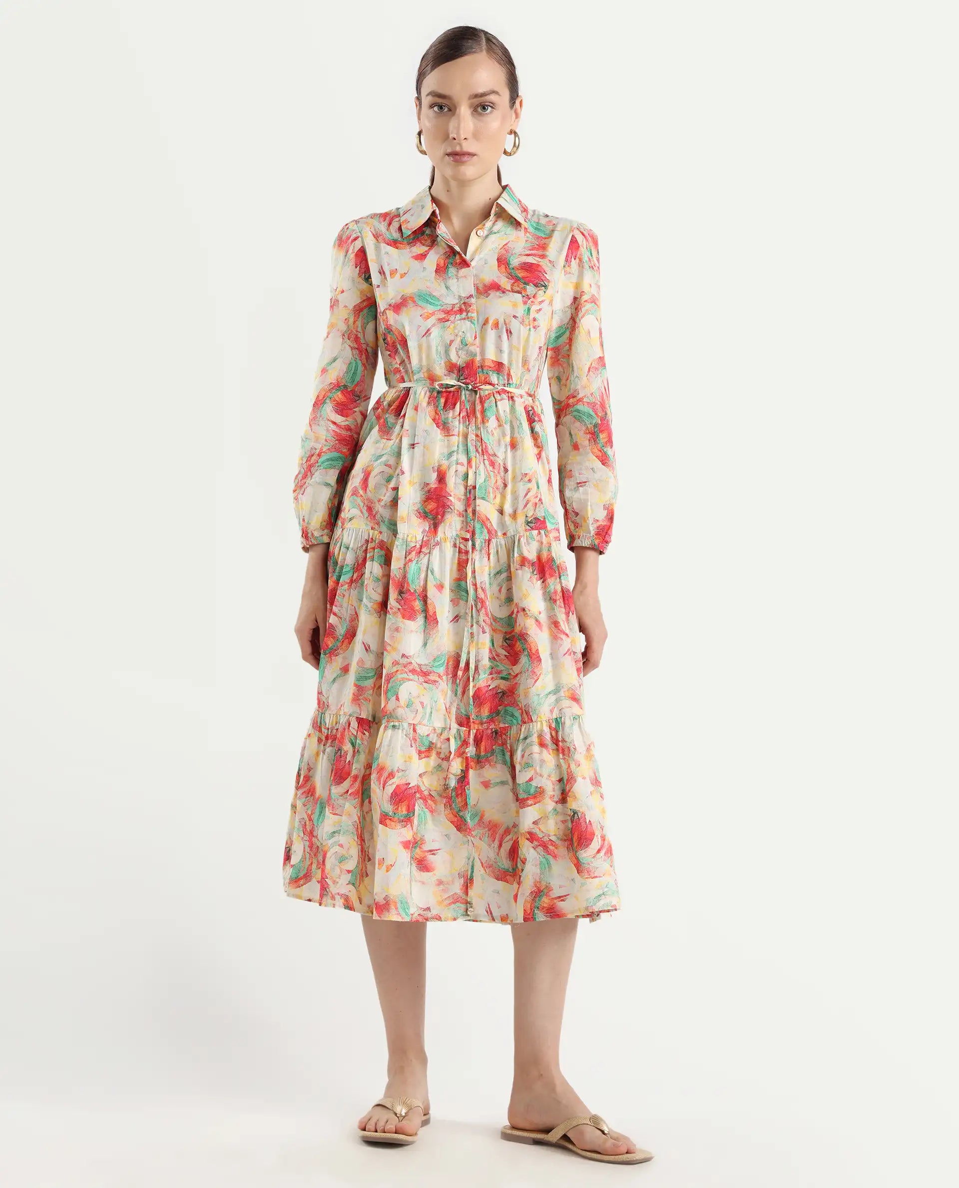 Rareism Women's Puebla Multi Cotton Drop Collar Abstract Print Bishop Sleeve Midi Fit And Flare Dress