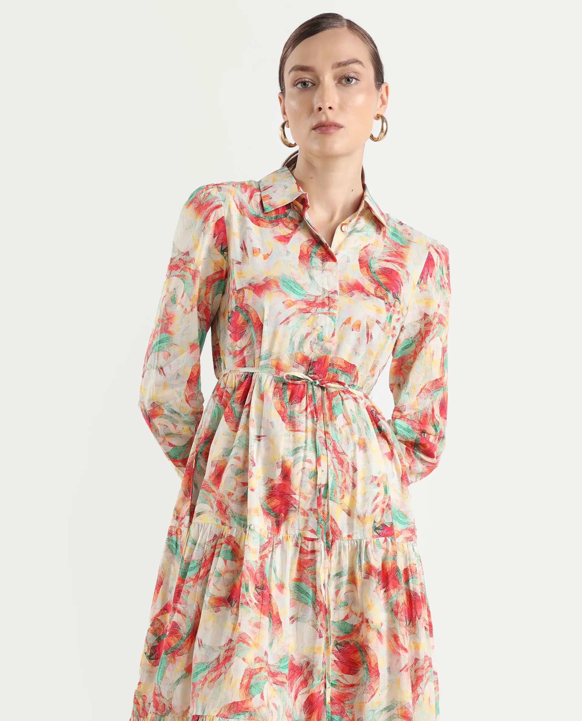 Rareism Women's Puebla Multi Cotton Drop Collar Abstract Print Bishop Sleeve Midi Fit And Flare Dress