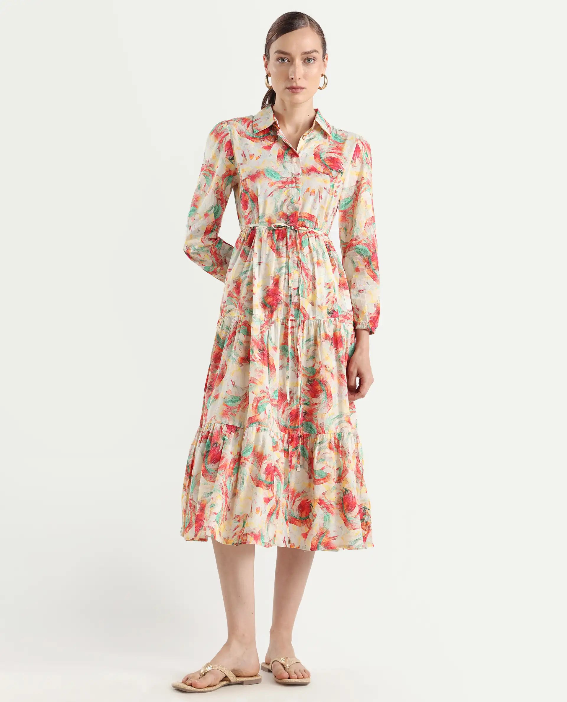 Rareism Women's Puebla Multi Cotton Drop Collar Abstract Print Bishop Sleeve Midi Fit And Flare Dress