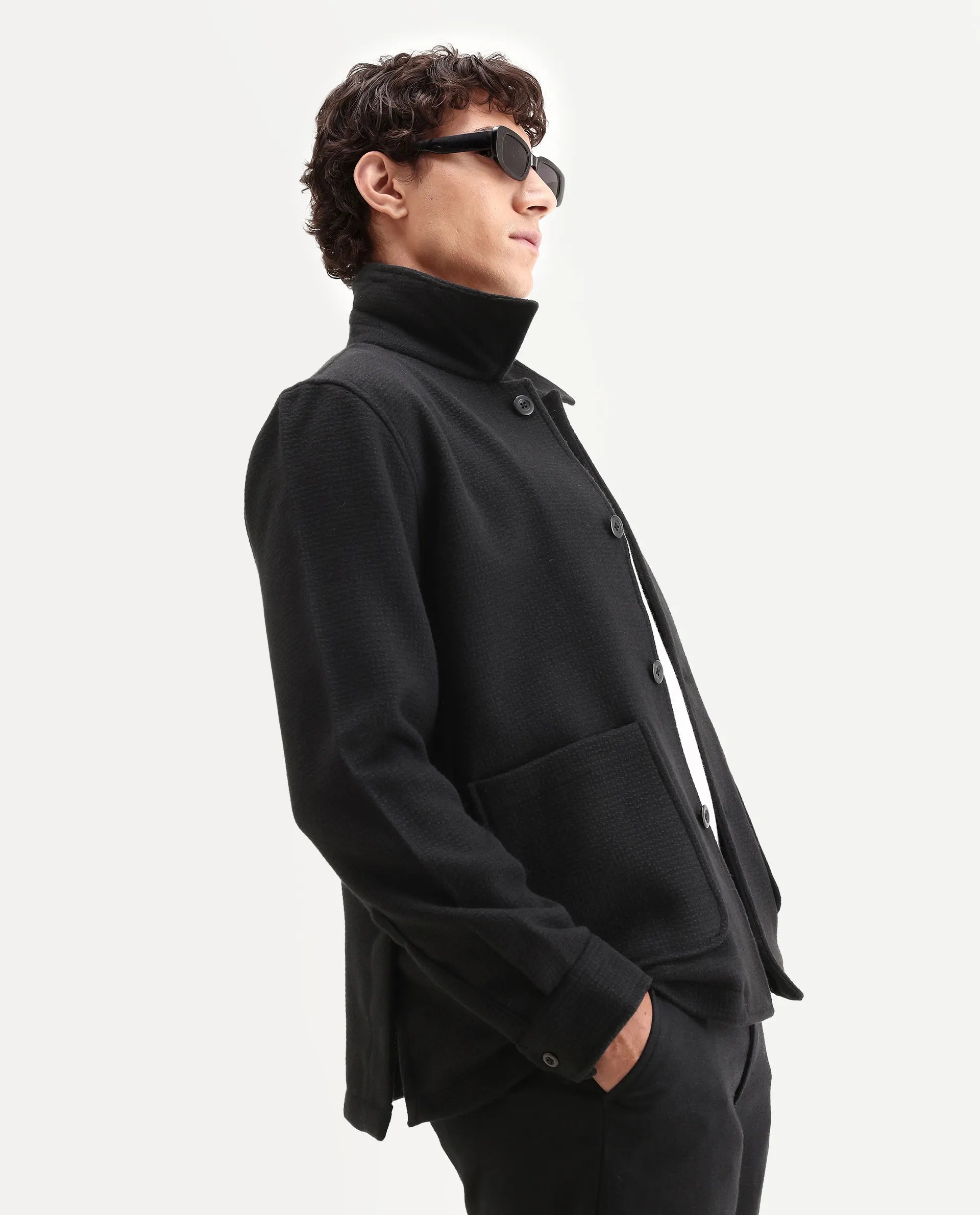 Rare Rabbit Men's Pufco-T Black Polyester Blend Fabric Collared Neck Regular Plain Jacket