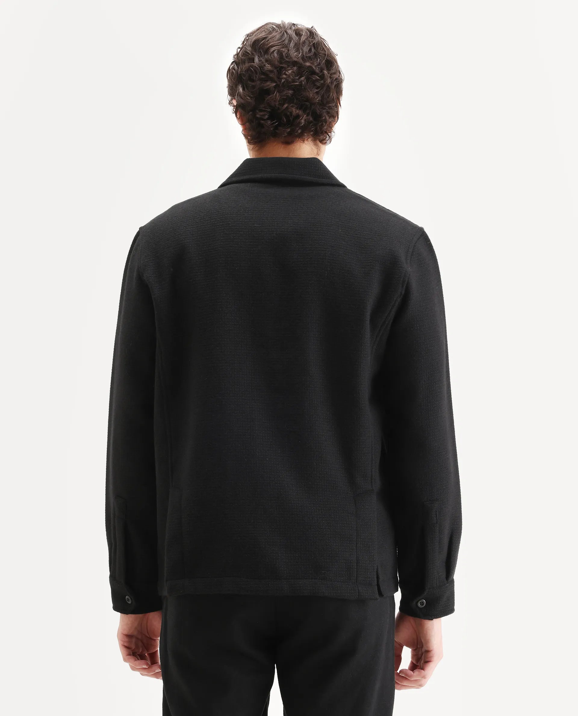 Rare Rabbit Men's Pufco-T Black Polyester Blend Fabric Collared Neck Regular Plain Jacket