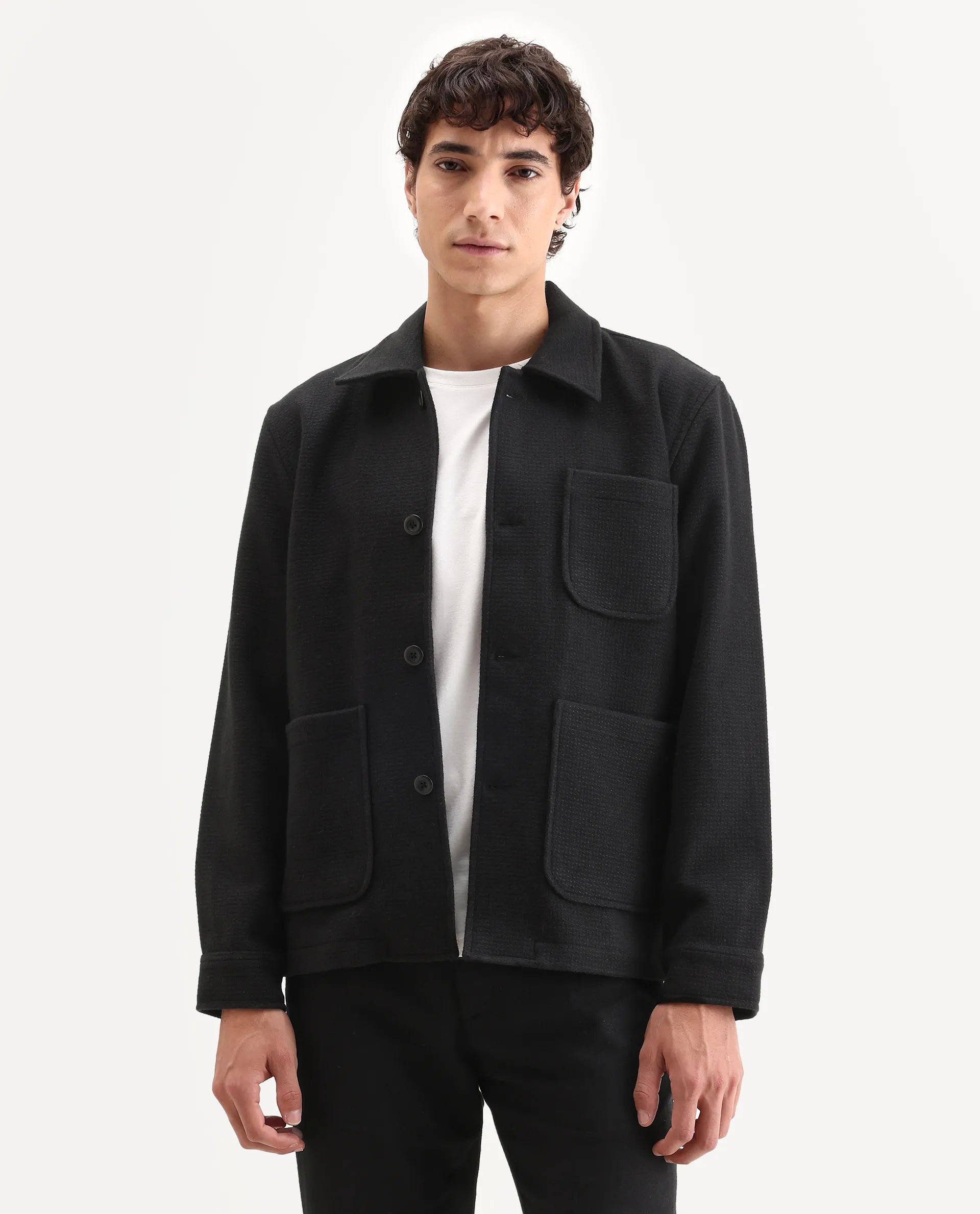 Rare Rabbit Men's Pufco-T Black Polyester Blend Fabric Collared Neck Regular Plain Jacket