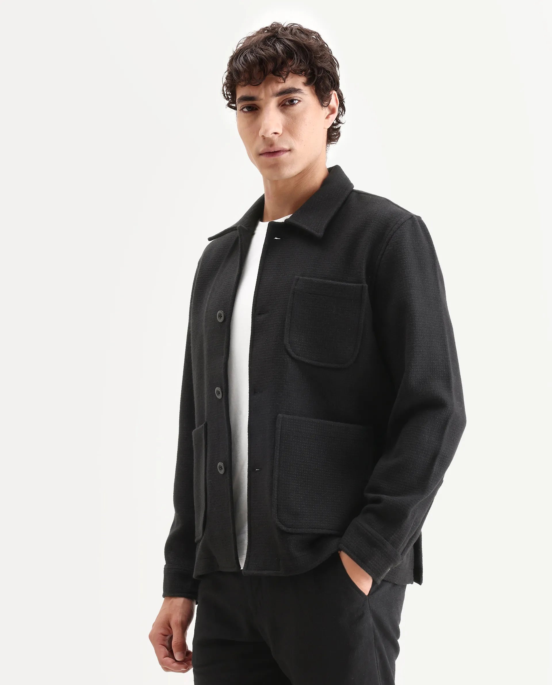 Rare Rabbit Men's Pufco-T Black Polyester Blend Fabric Collared Neck Regular Plain Jacket