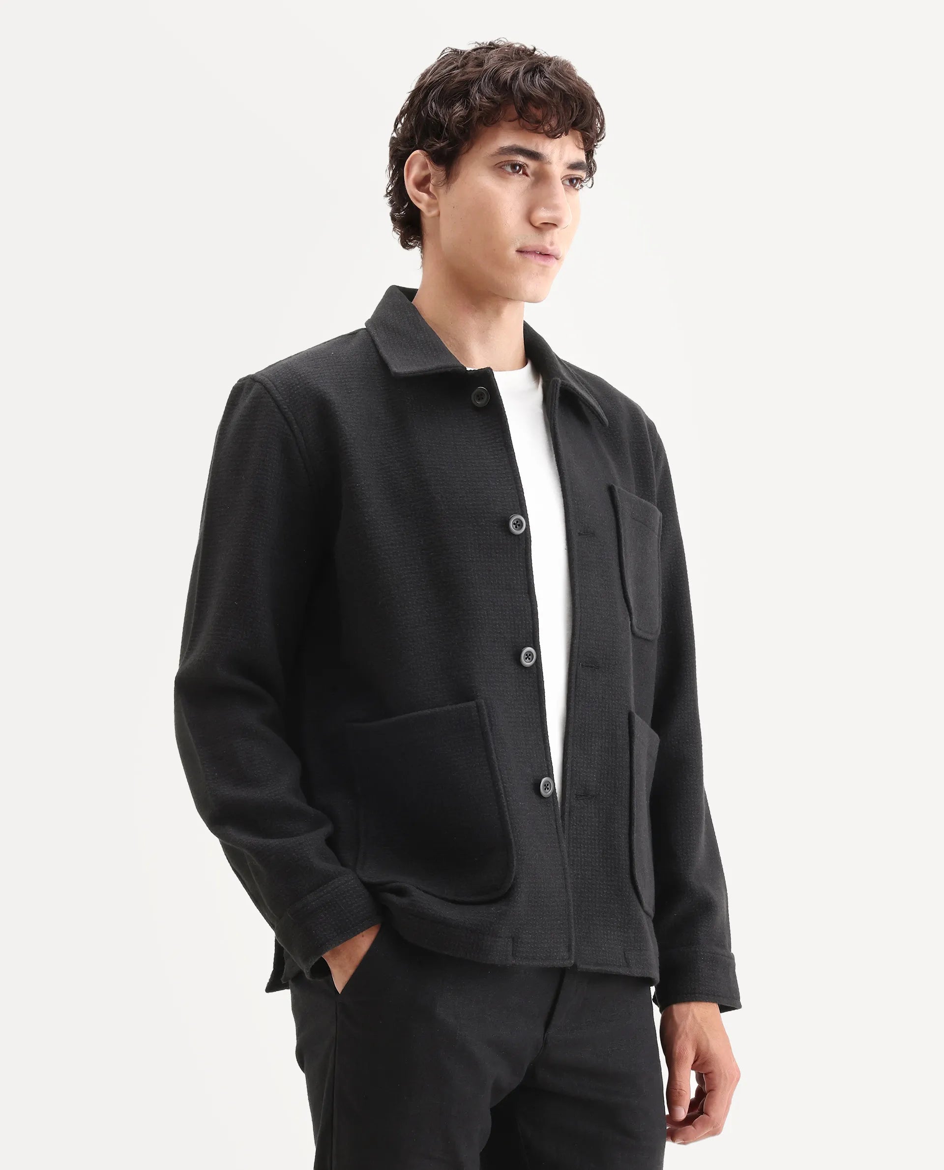 Rare Rabbit Men's Pufco-T Black Polyester Blend Fabric Collared Neck Regular Plain Jacket