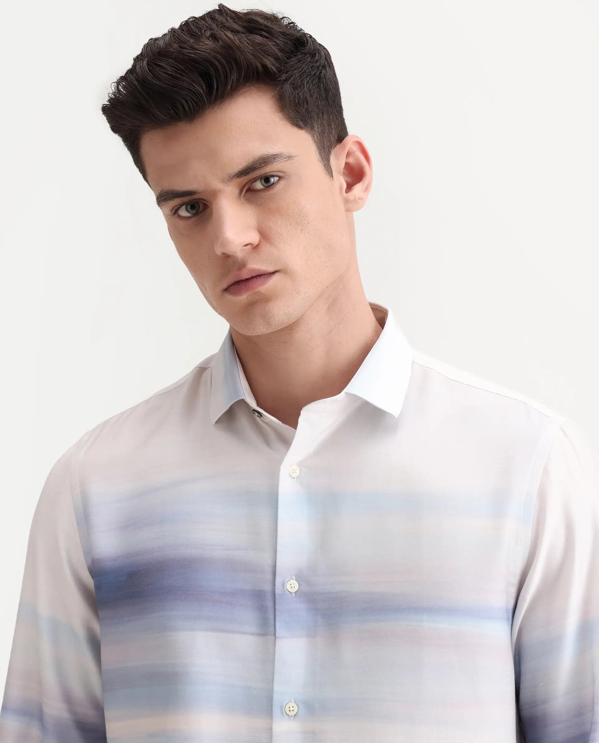 Rare Rabbit Men's Pumot Off White Cotton Blend Abstract Print Regular Fit Full Sleeve Collared Shirt