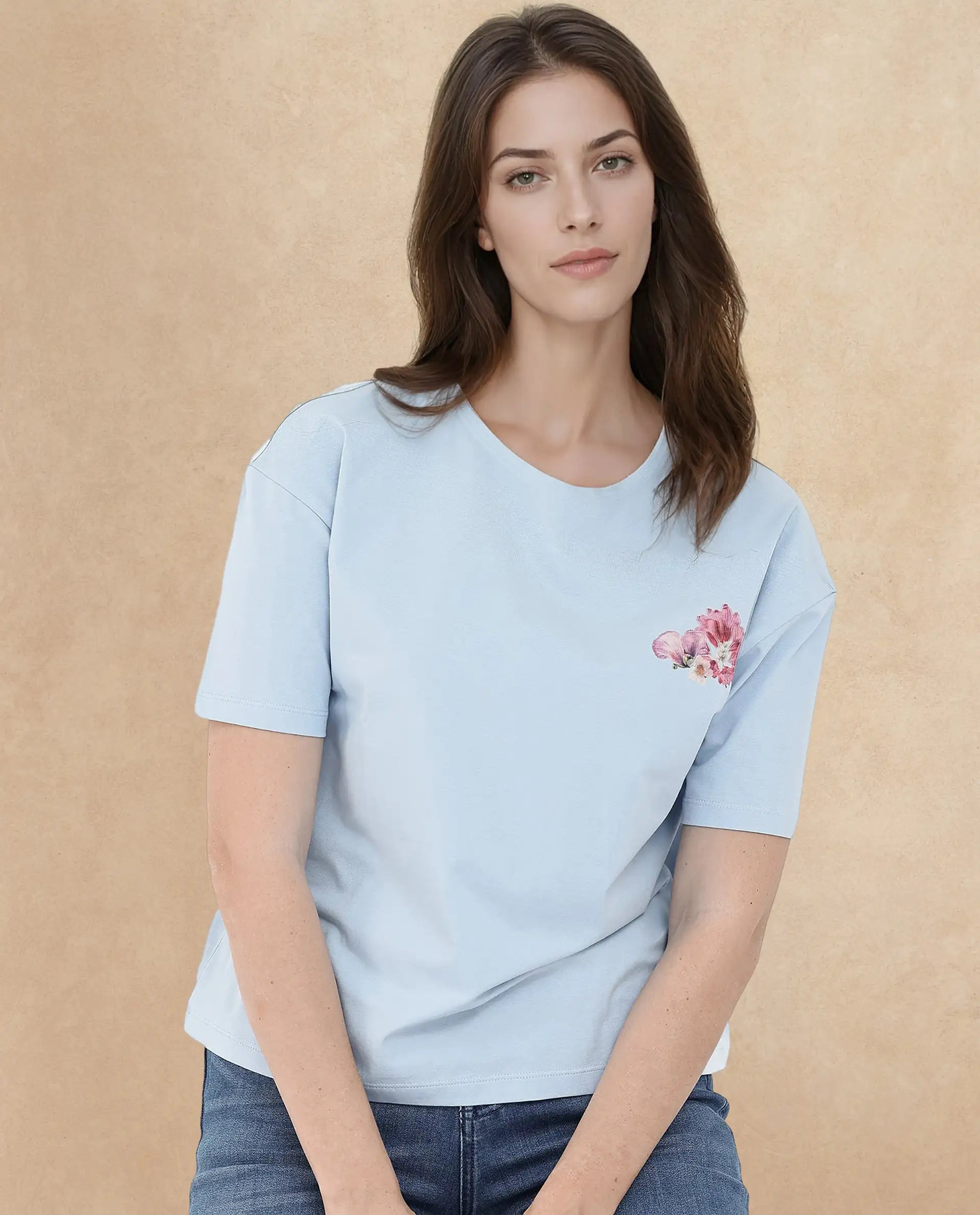 Rareism Women's Purpulent Light Blue Cotton Blend Crew Neck Graphic Print Boxy Fit T-Shirt