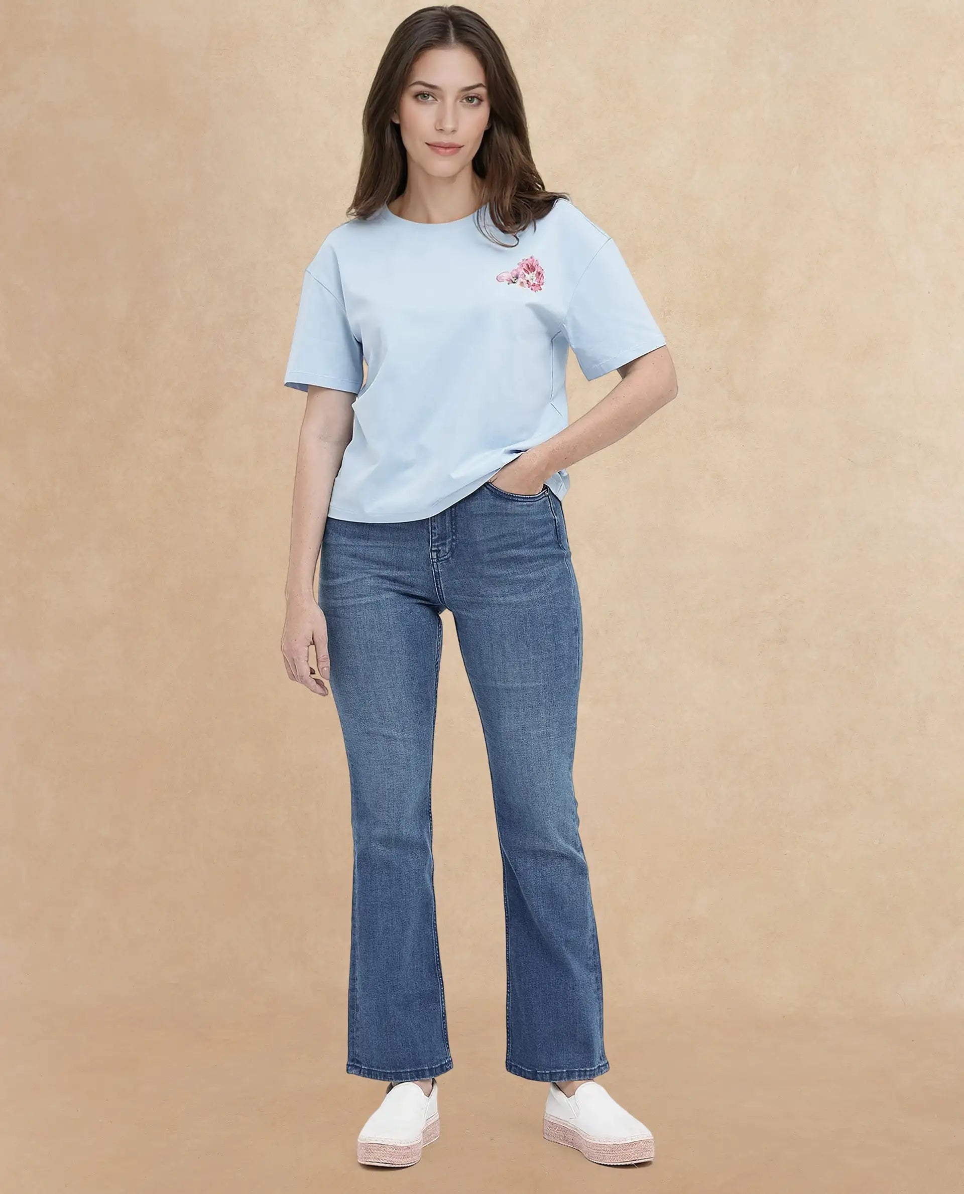 Rareism Women's Purpulent Light Blue Cotton Blend Crew Neck Graphic Print Boxy Fit T-Shirt