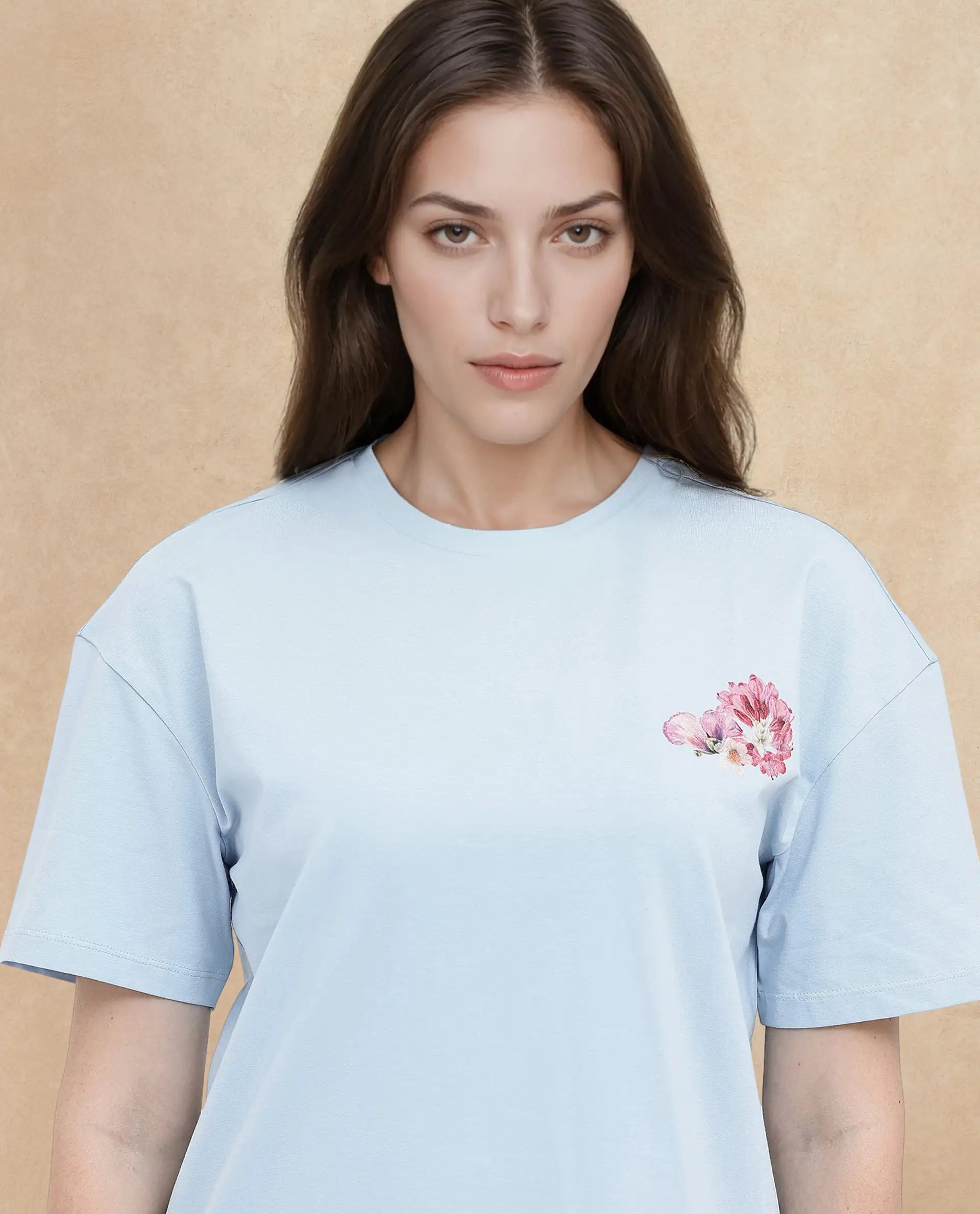 Rareism Women's Purpulent Light Blue Cotton Blend Crew Neck Graphic Print Boxy Fit T-Shirt