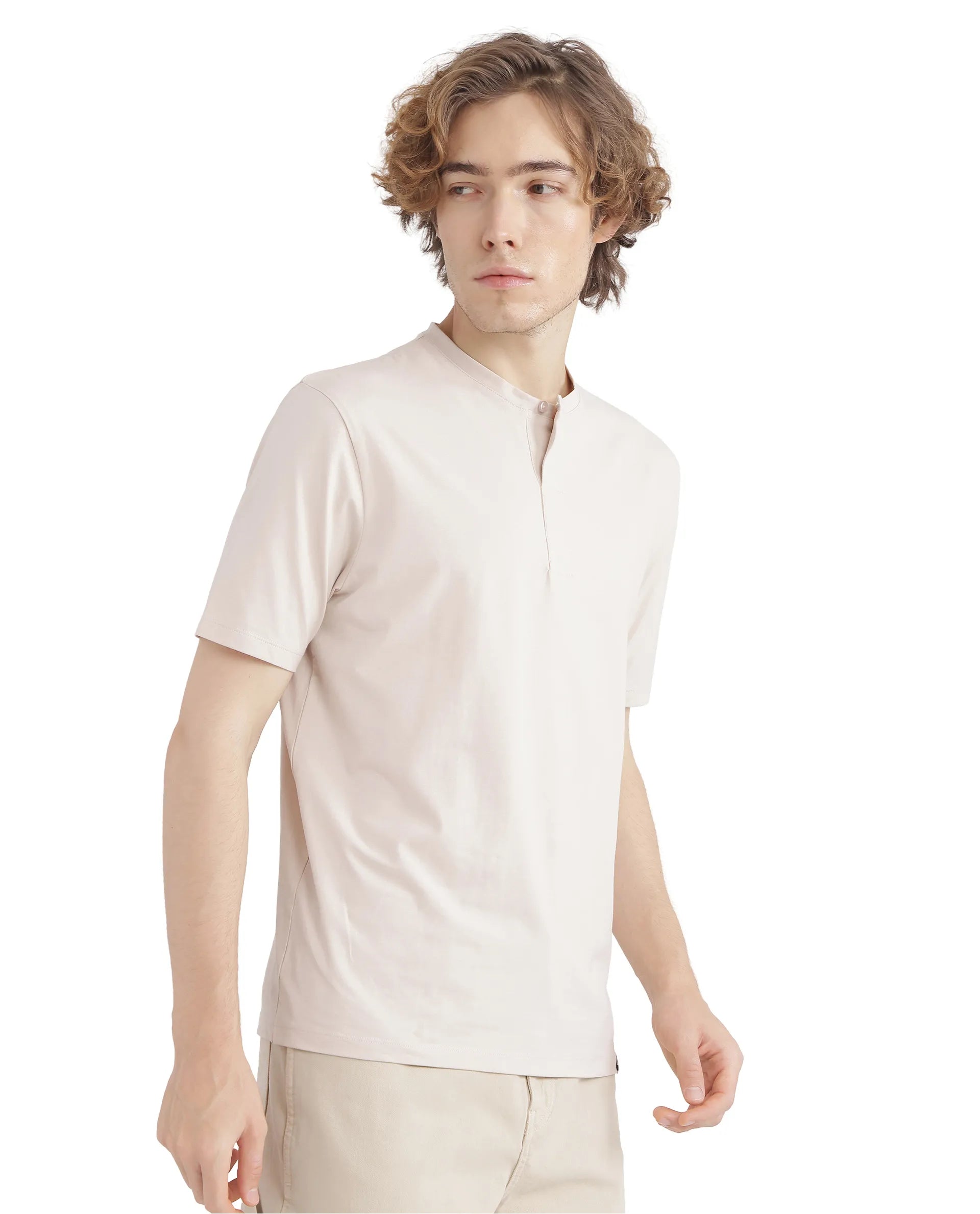 Rare Rabbit Men Purt Beige Cotton Blend Fabric Short Sleeve Crew Neck Plain T-Shirt