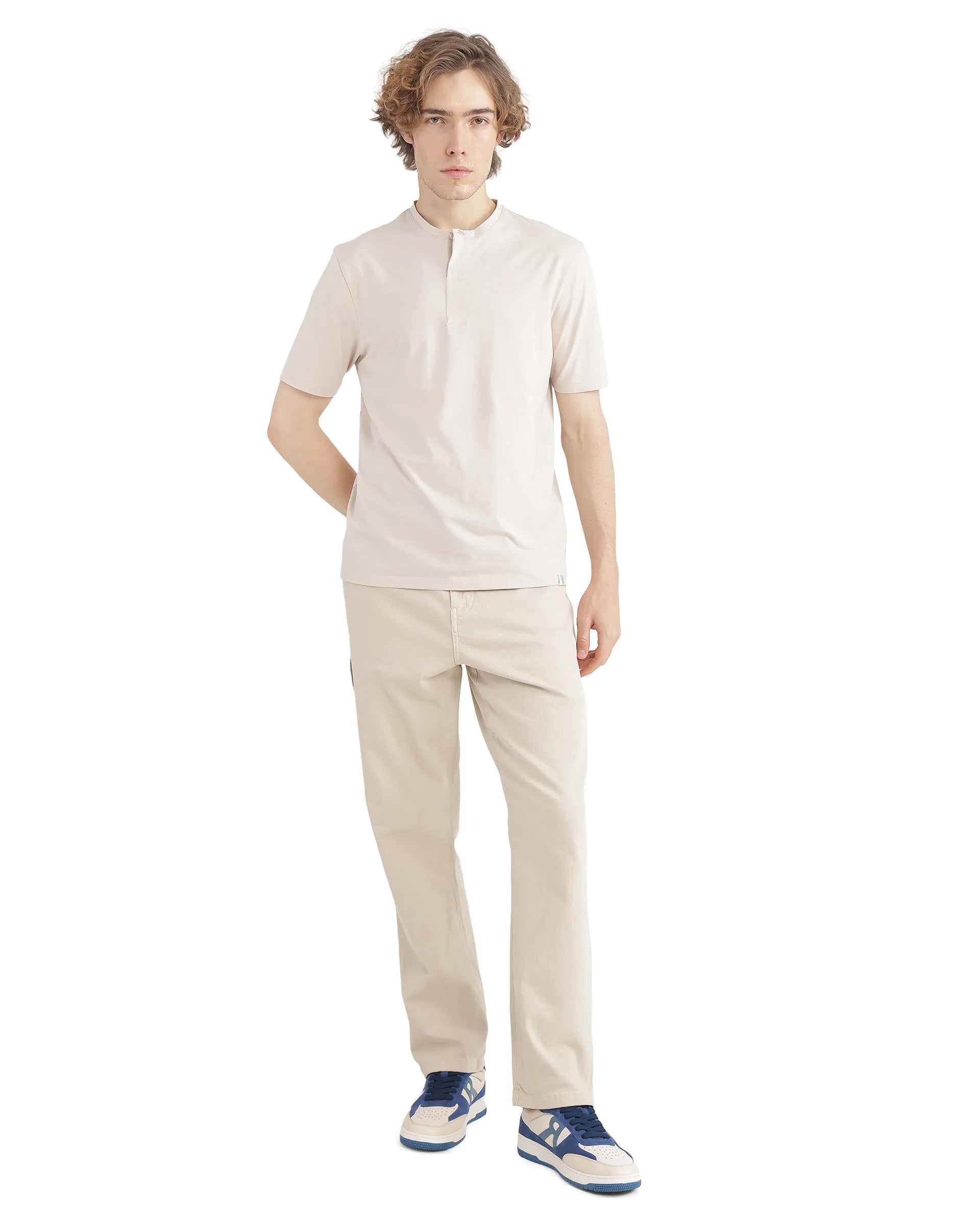 Rare Rabbit Men Purt Beige Cotton Blend Fabric Short Sleeve Crew Neck Plain T-Shirt