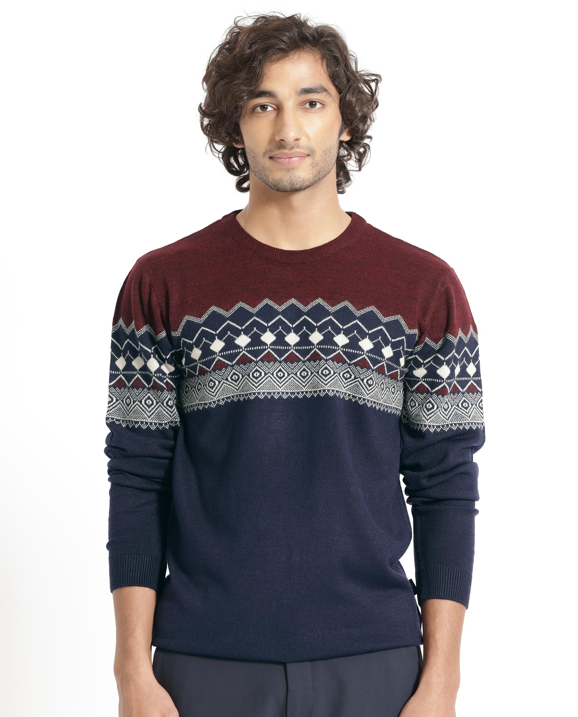 Rare Rabbit Mens Puzzle Blue Sweater Full Sleeve Crew Neck Solid