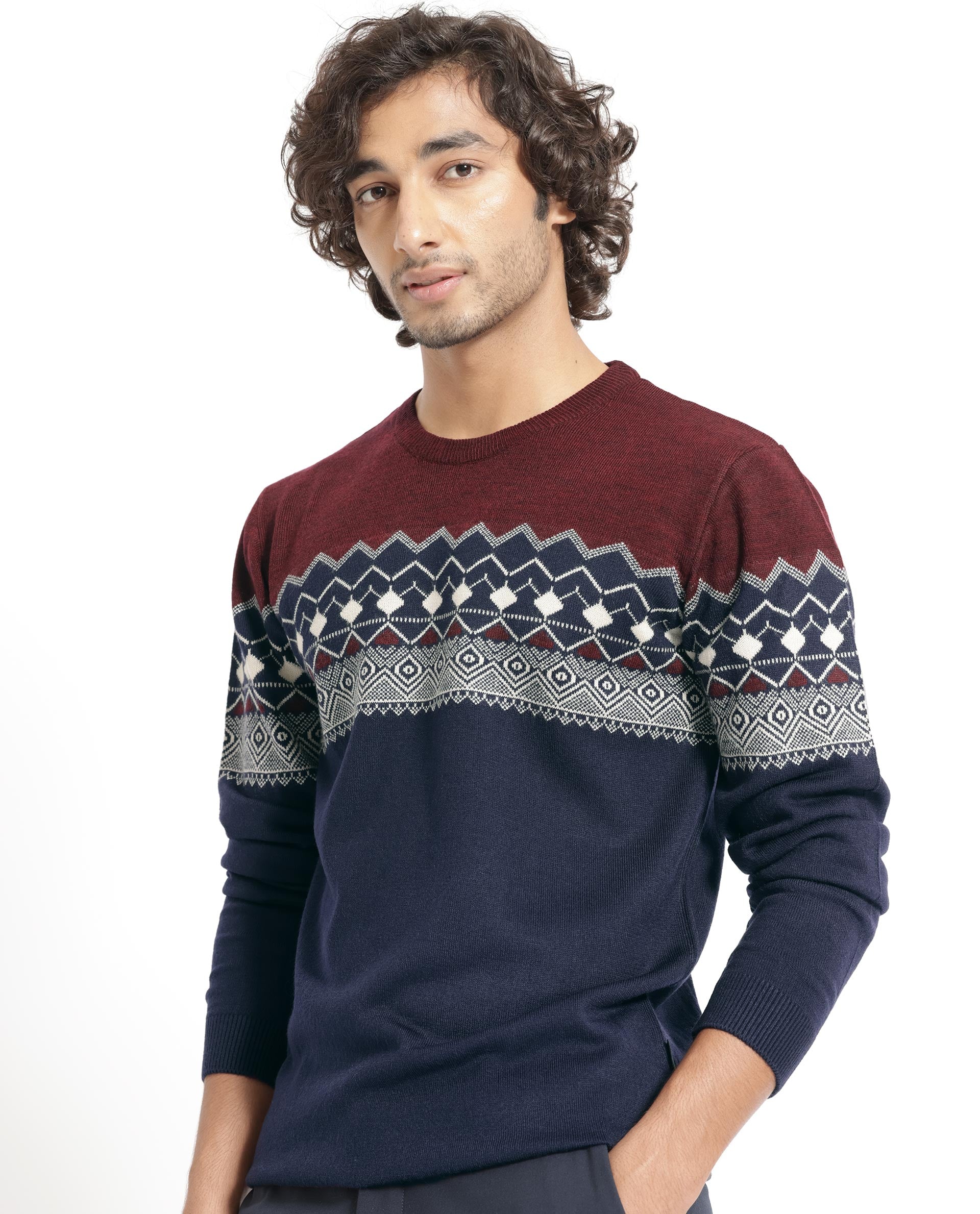 Rare Rabbit Mens Puzzle Blue Sweater Full Sleeve Crew Neck Solid