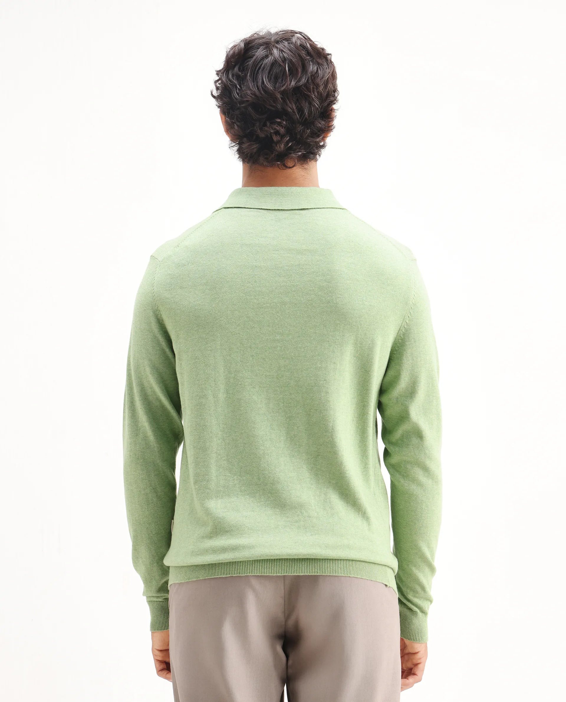 Rare Rabbit Men's Pyer Light Green Flat Knit Plain Regular Fit Full Sleeve Polo