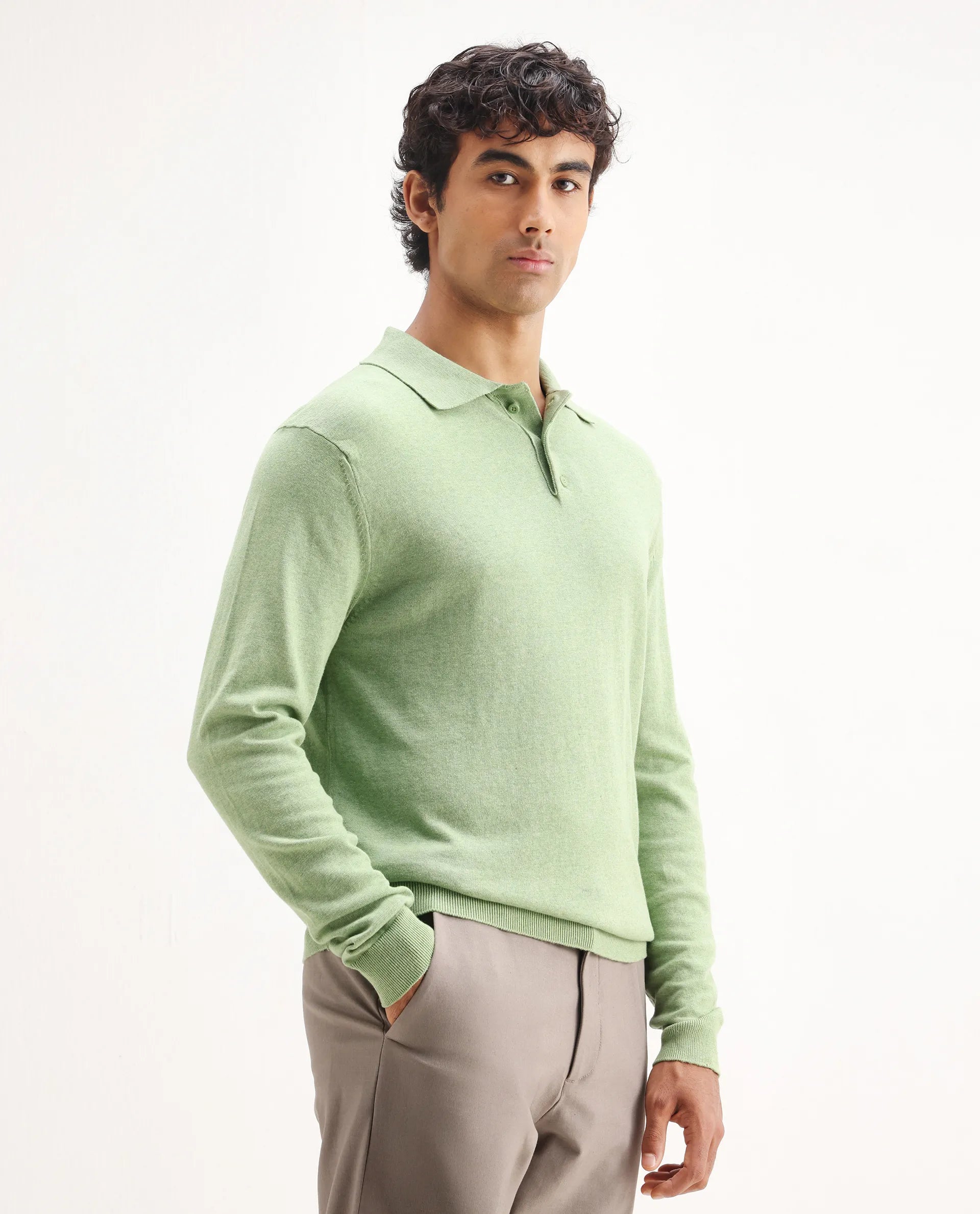 Rare Rabbit Men's Pyer Light Green Flat Knit Plain Regular Fit Full Sleeve Polo
