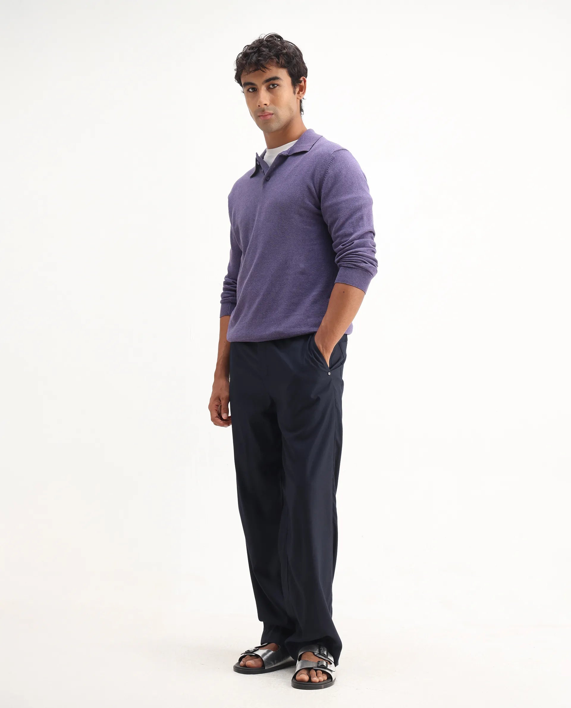 Rare Rabbit Men's Pyer Light Purple Flat Knit Plain Regular Fit Full Sleeve Polo