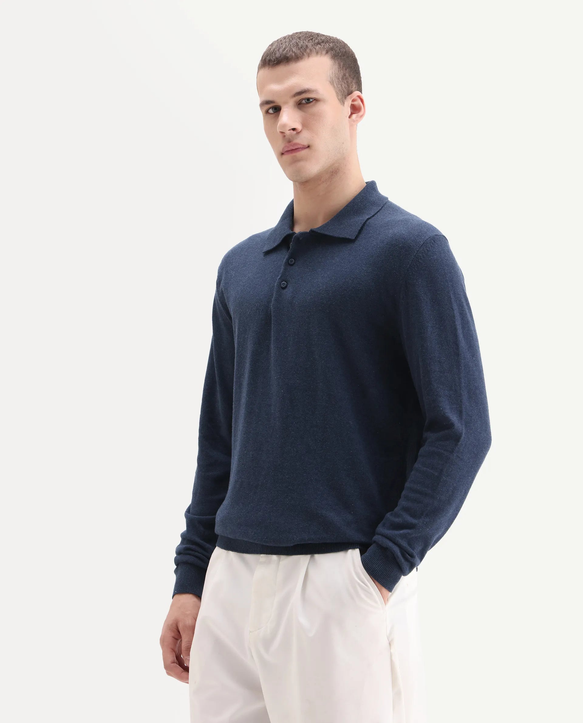 Rare Rabbit Men's Pyer Navy Flat Knit Plain Regular Fit Full Sleeve Polo