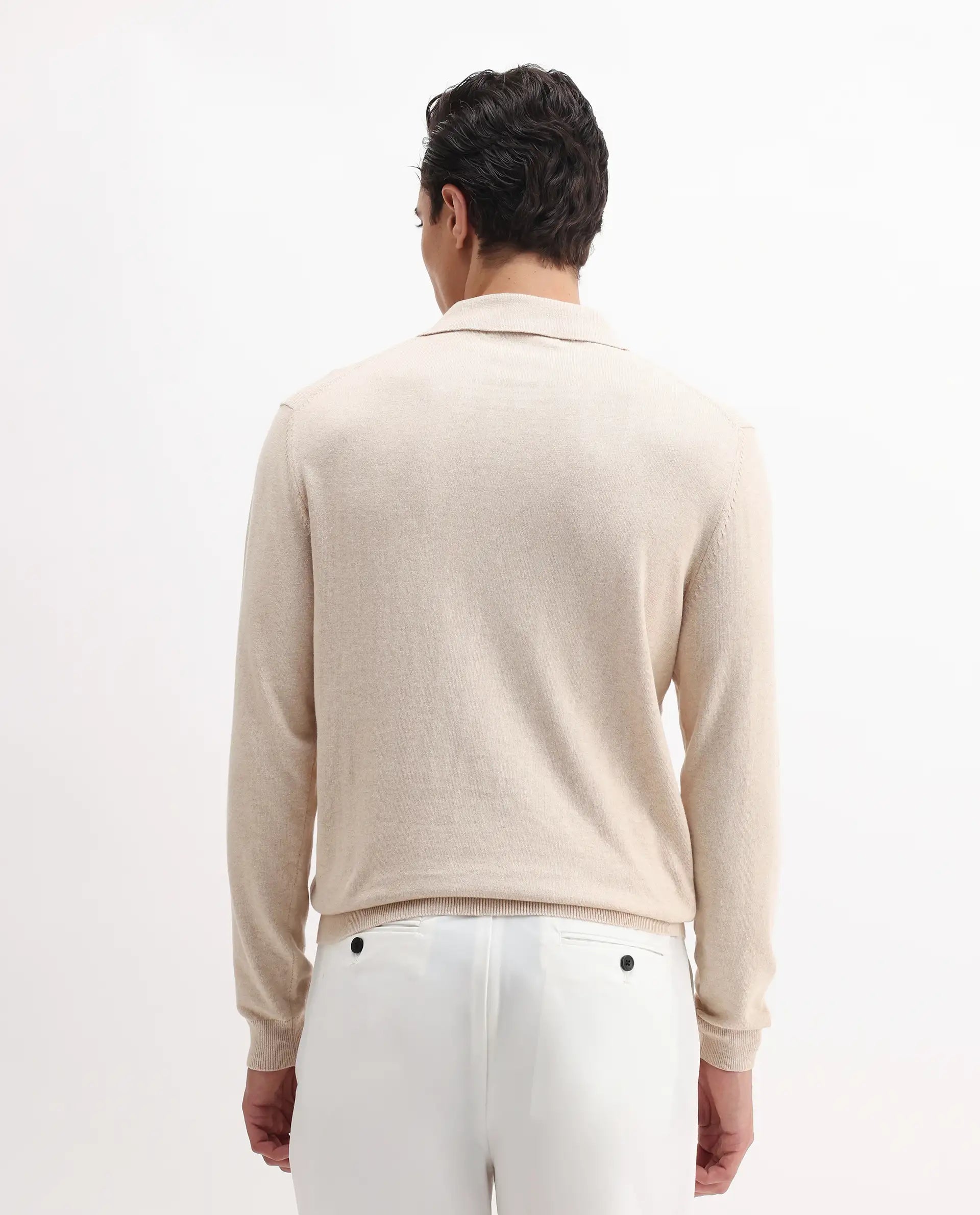 Rare Rabbit Men's Pyer Off White Flat Knit Plain Regular Fit Full Sleeve Polo