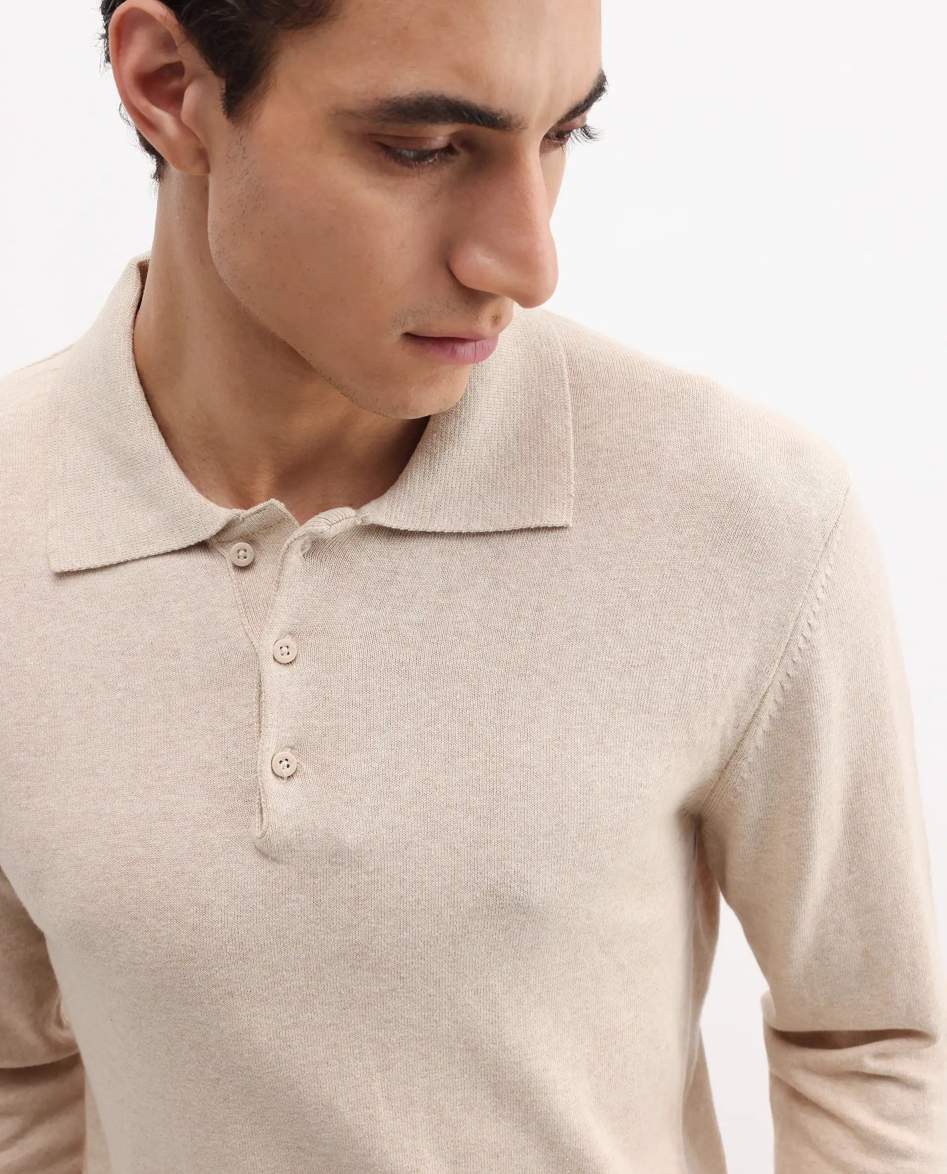 Rare Rabbit Men's Pyer Off White Flat Knit Plain Regular Fit Full Sleeve Polo