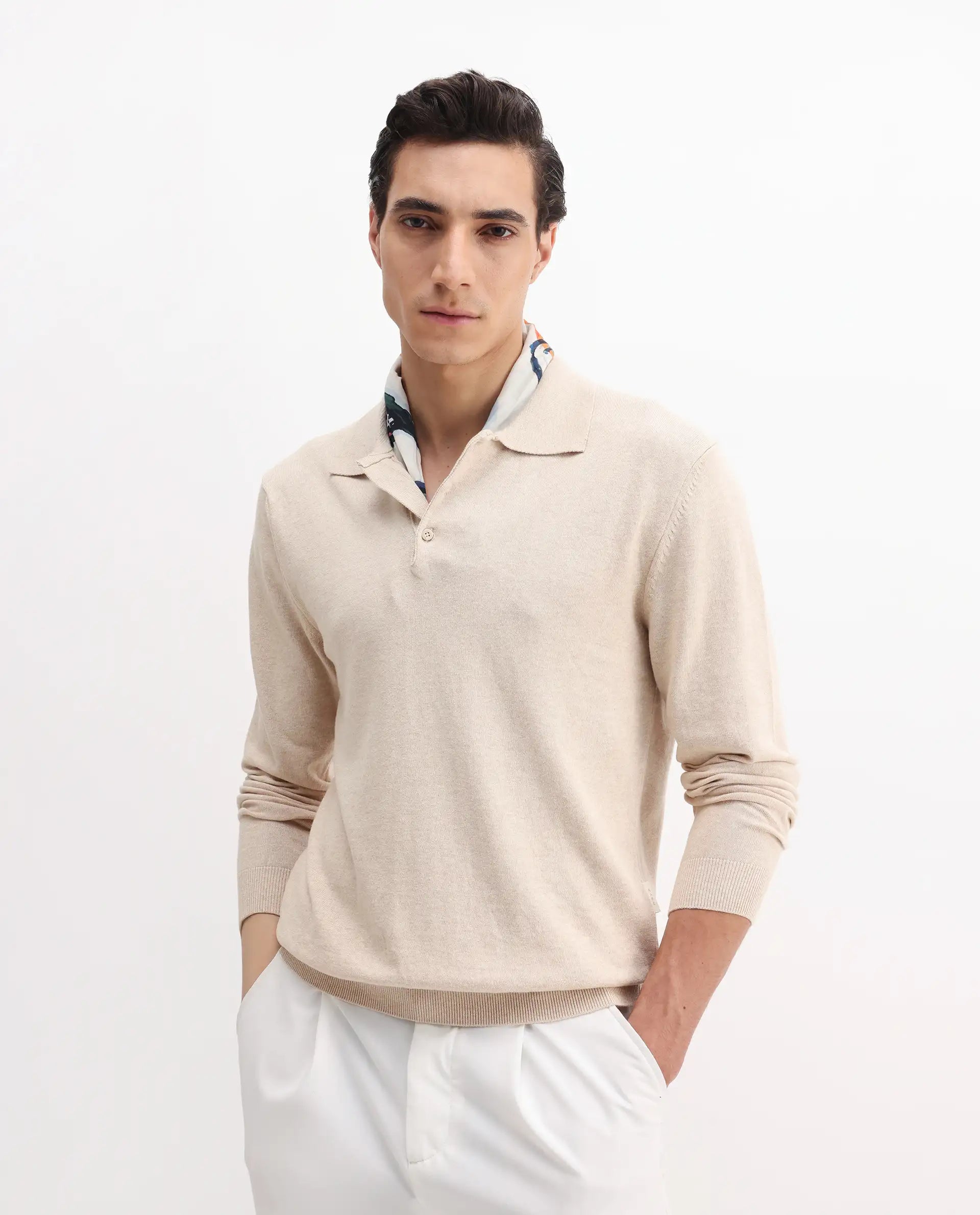 Rare Rabbit Men's Pyer Off White Flat Knit Plain Regular Fit Full Sleeve Polo