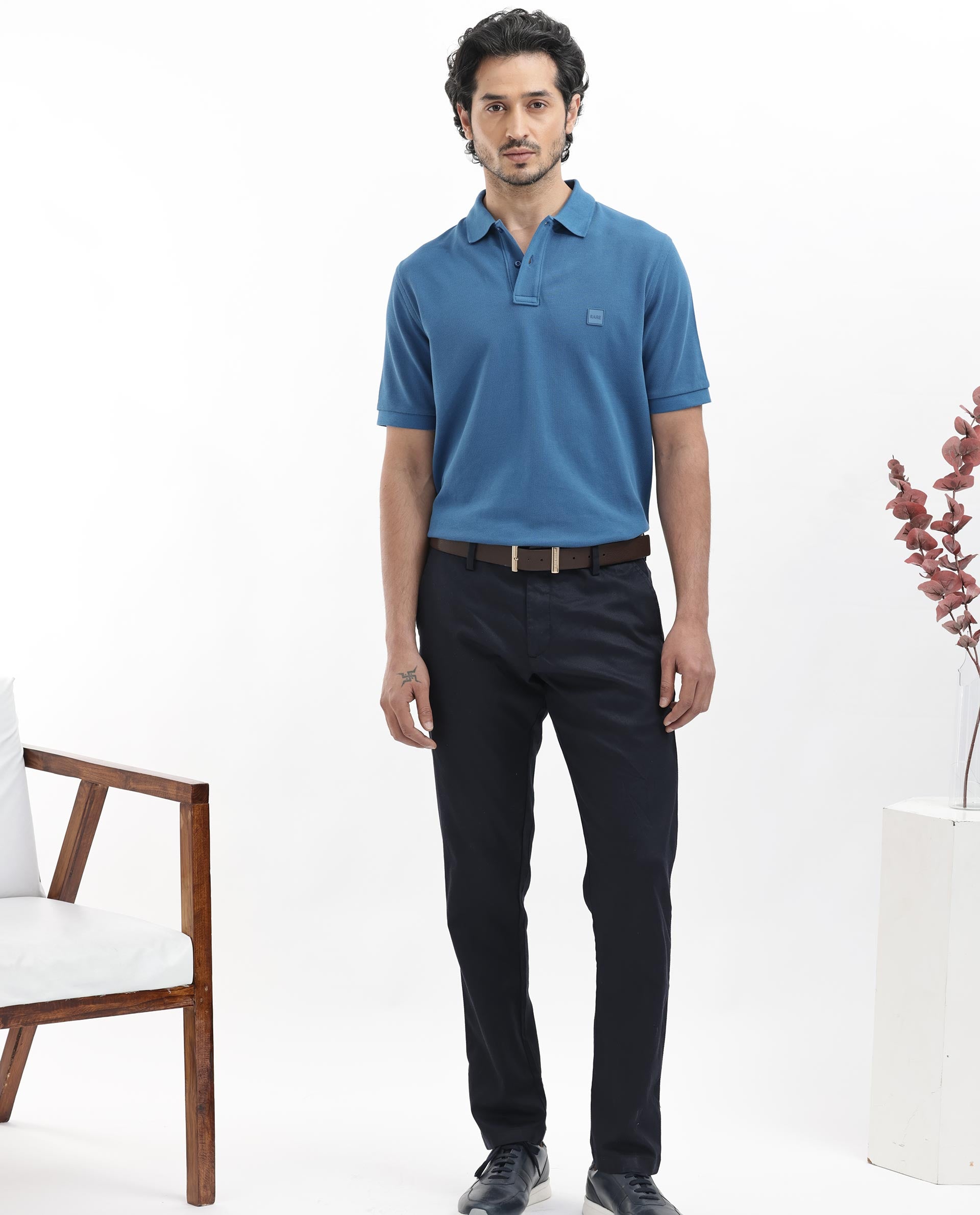 Rare Rabbit Mens Pare Dark Dusky Blue Short Sleeve Solid Polo T-Shirt