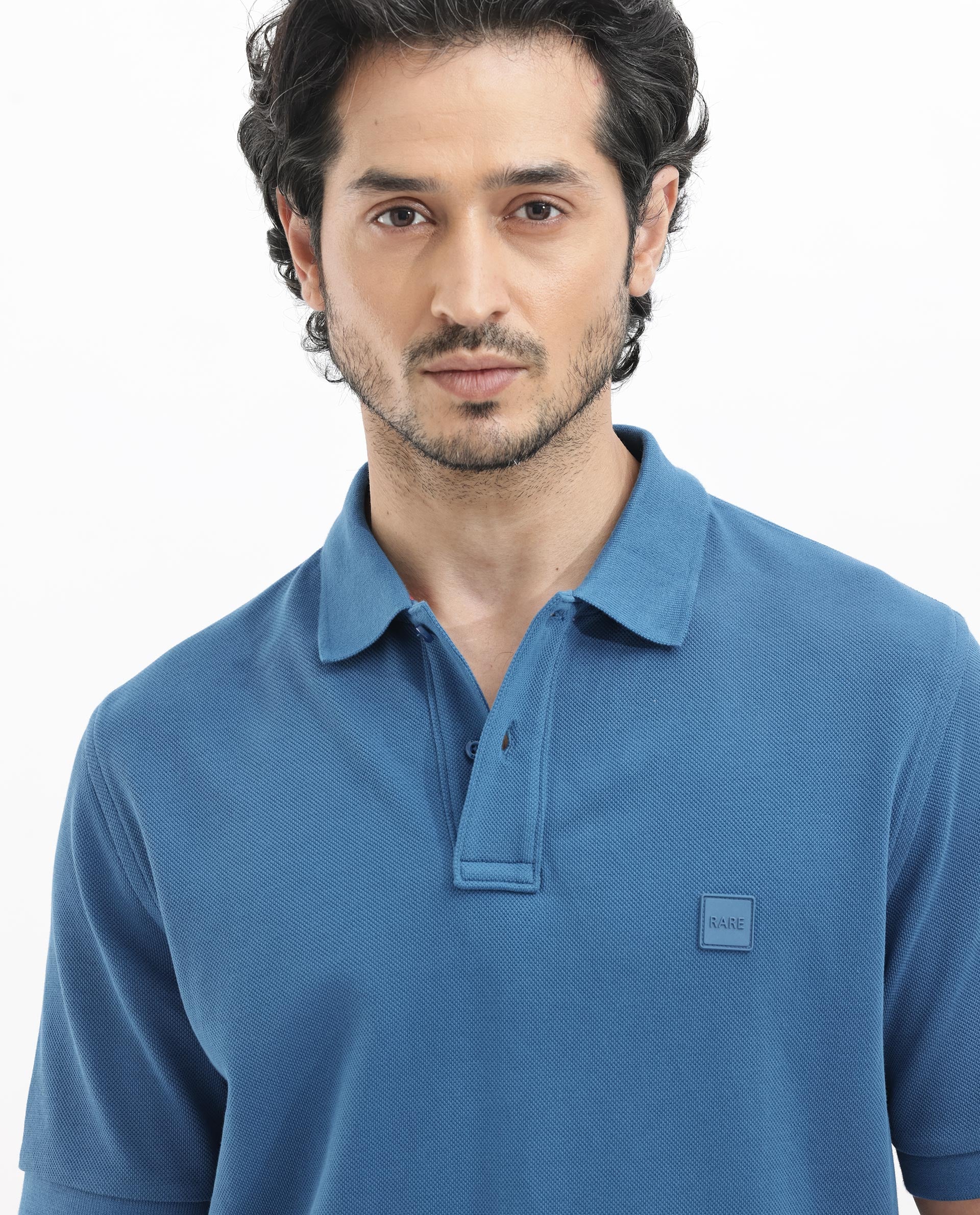 Rare Rabbit Mens Pare Dark Dusky Blue Short Sleeve Solid Polo T-Shirt