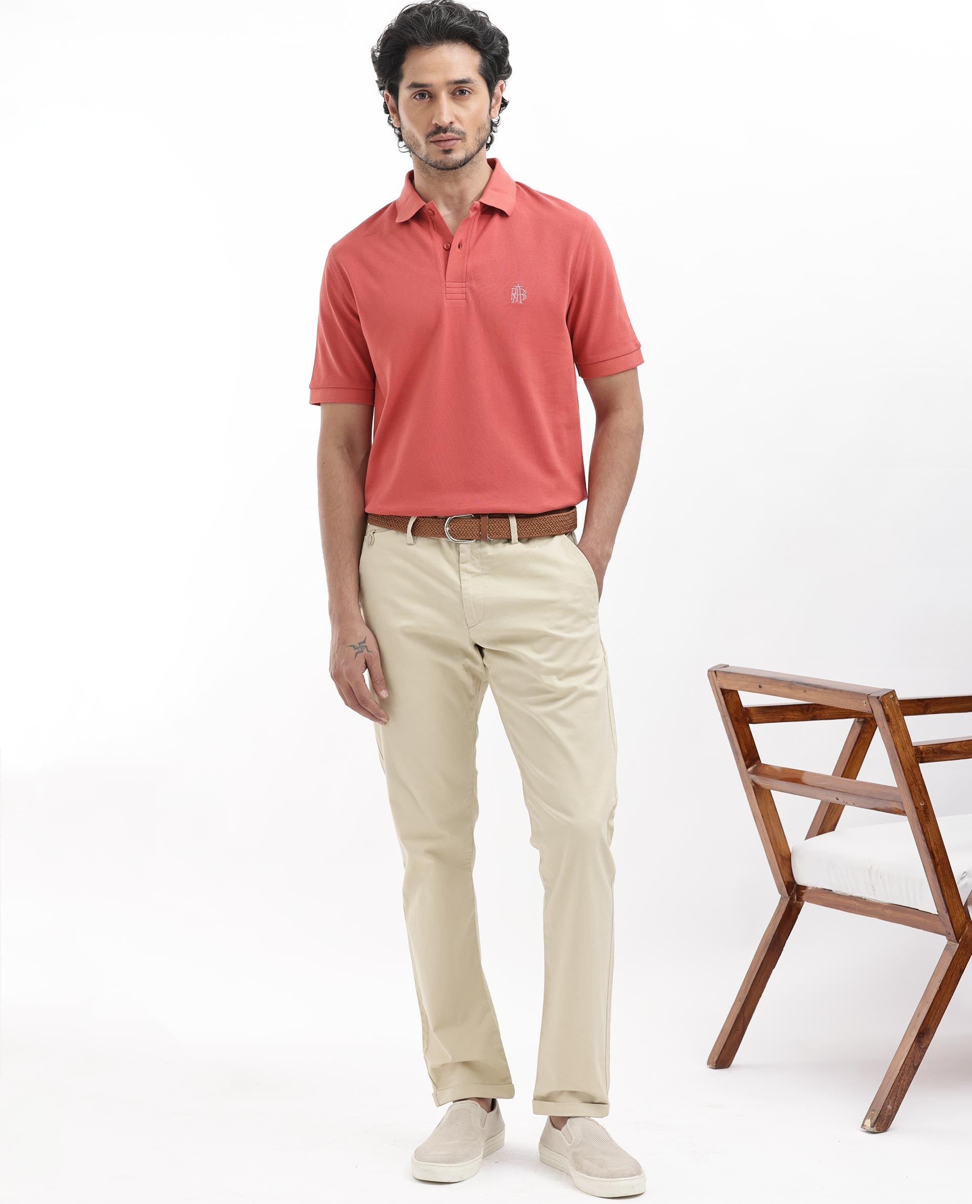 Rare Rabbit Mens Paret-Bright Orange Short Sleeve Embroidered Logo Solid Polo T-Shirt