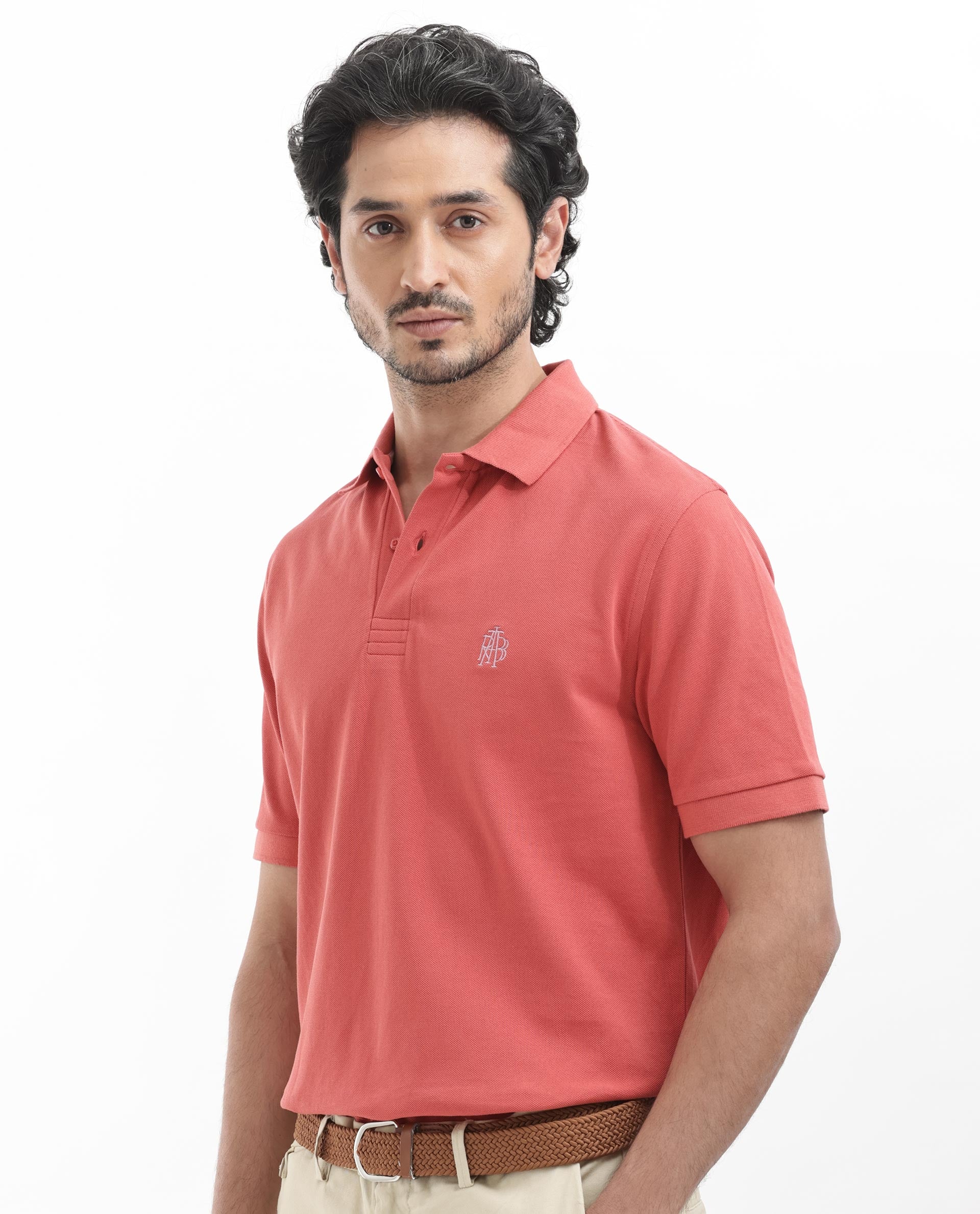 Rare Rabbit Mens Paret-Bright Orange Short Sleeve Embroidered Logo Solid Polo T-Shirt