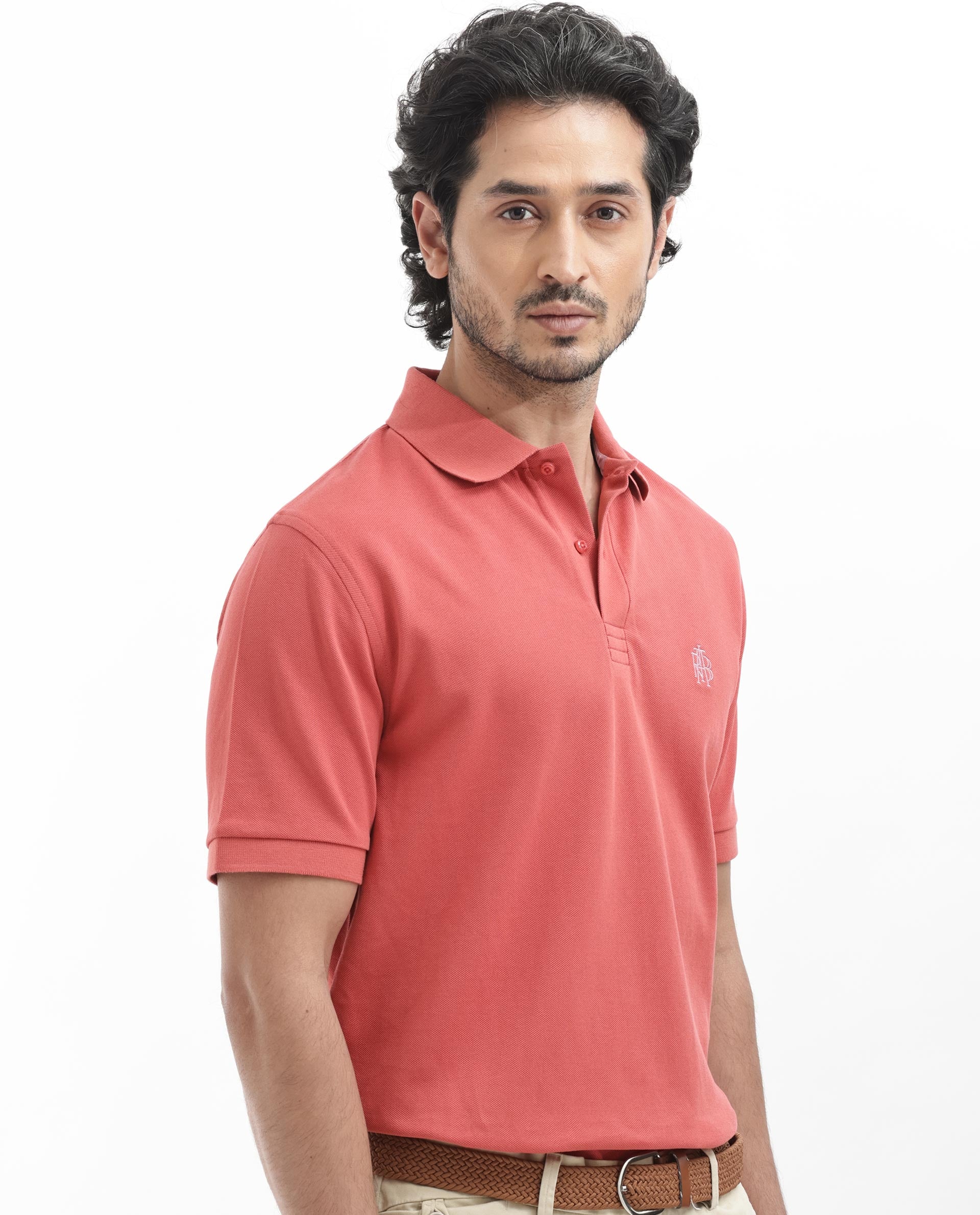 Rare Rabbit Mens Paret-Bright Orange Short Sleeve Embroidered Logo Solid Polo T-Shirt