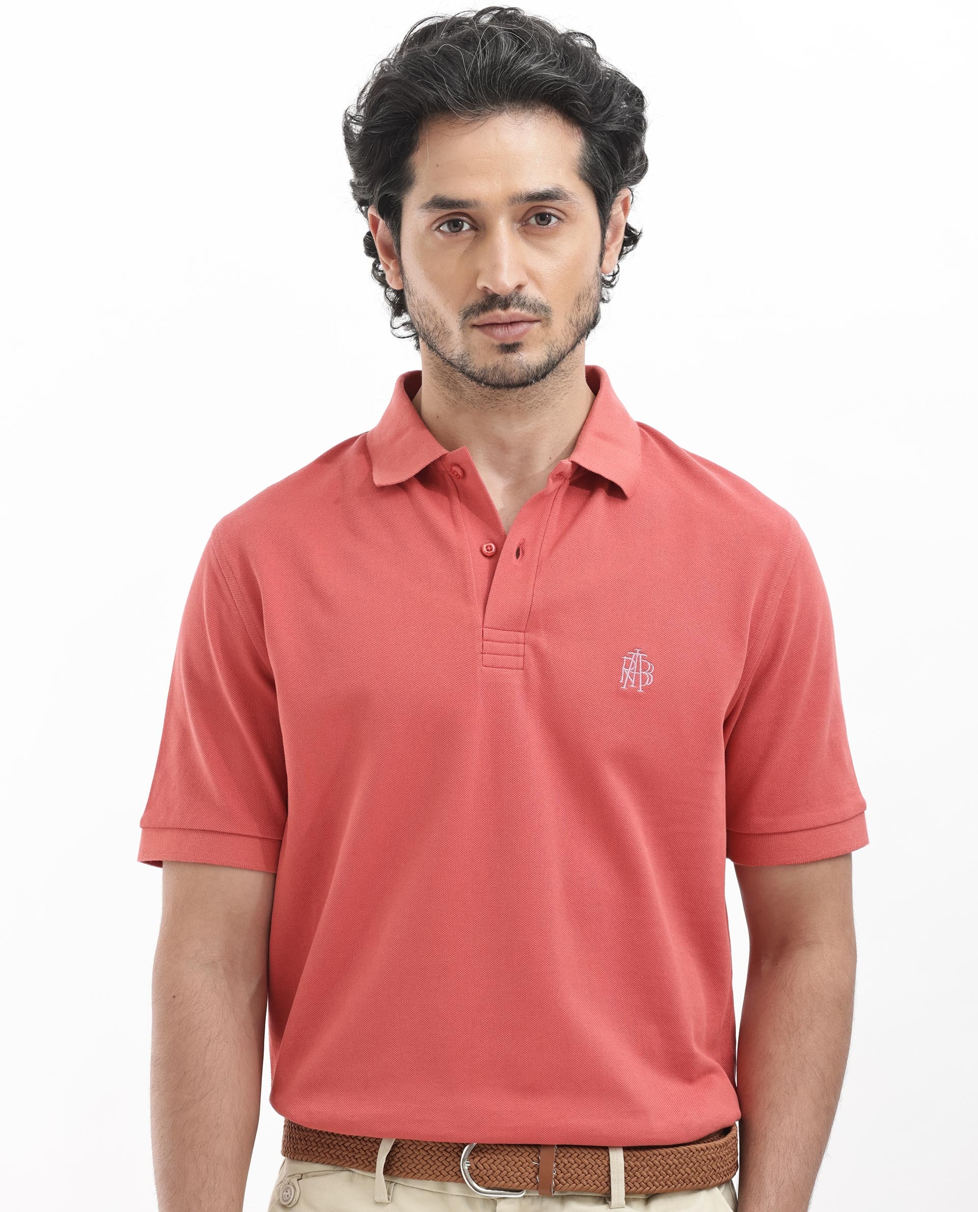 Rare Rabbit Mens Paret-Bright Orange Short Sleeve Embroidered Logo Solid Polo T-Shirt