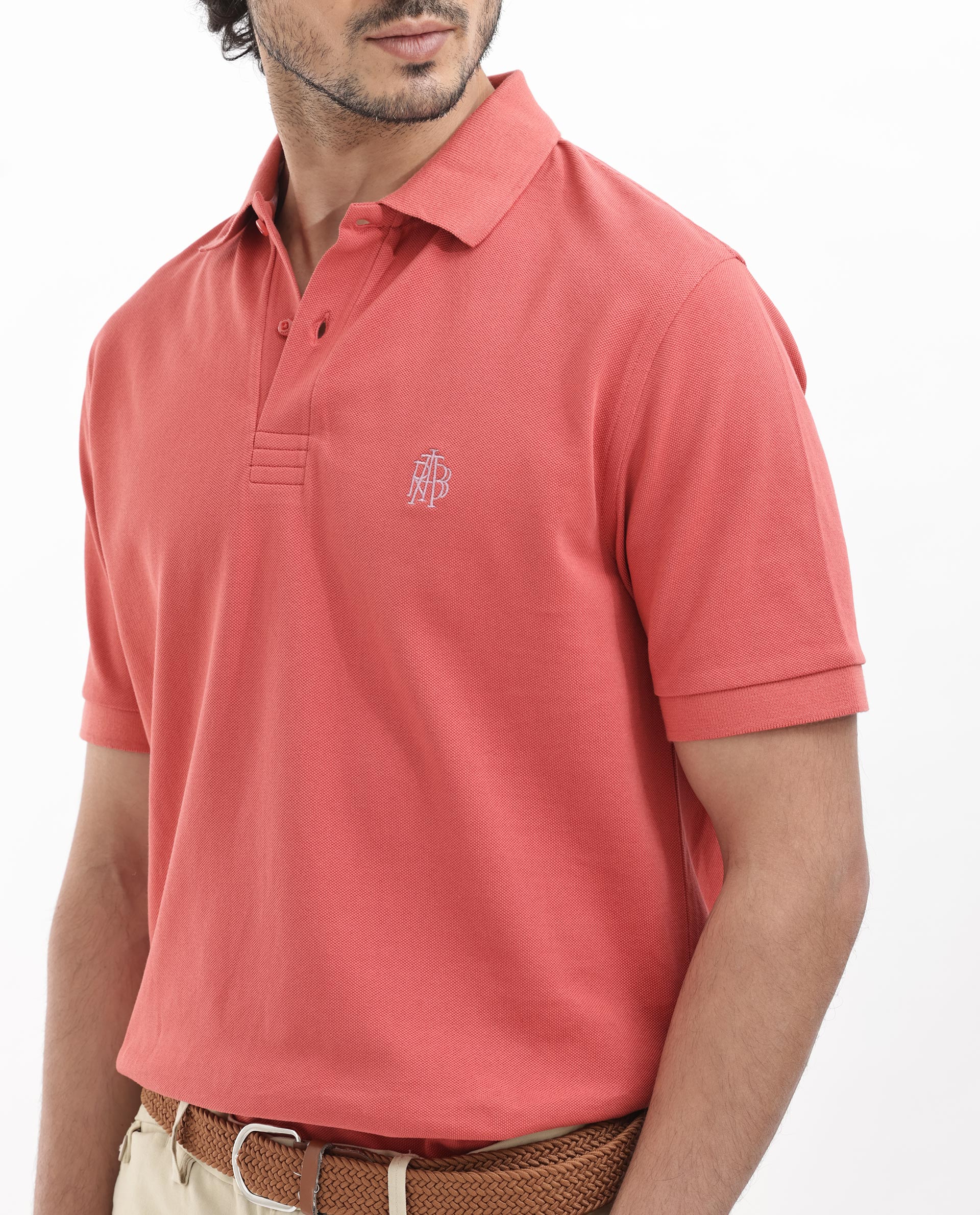 Rare Rabbit Mens Paret-Bright Orange Short Sleeve Embroidered Logo Solid Polo T-Shirt