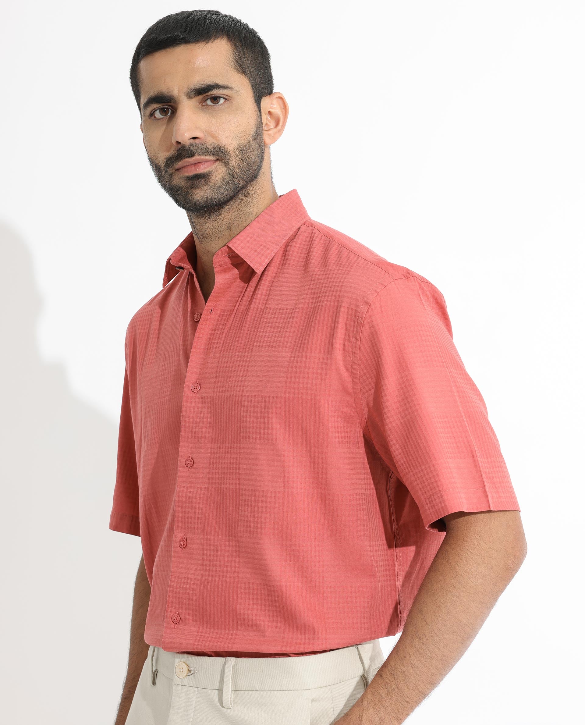 Rare Rabbit Men's Pied Rust Cotton Lyocell Fabric Half Sleeves Gingham Checks Shirt