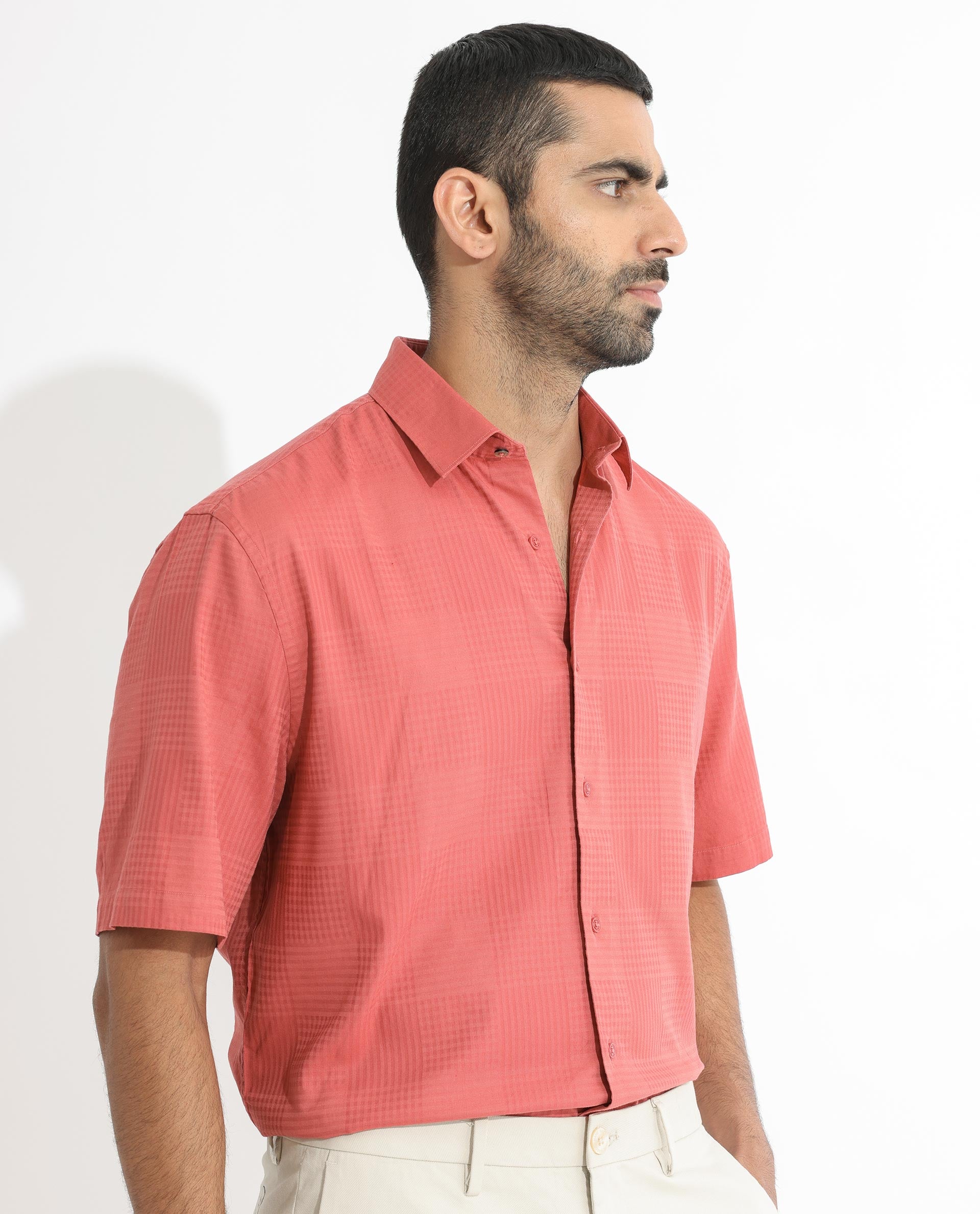Rare Rabbit Men's Pied Rust Cotton Lyocell Fabric Half Sleeves Gingham Checks Shirt
