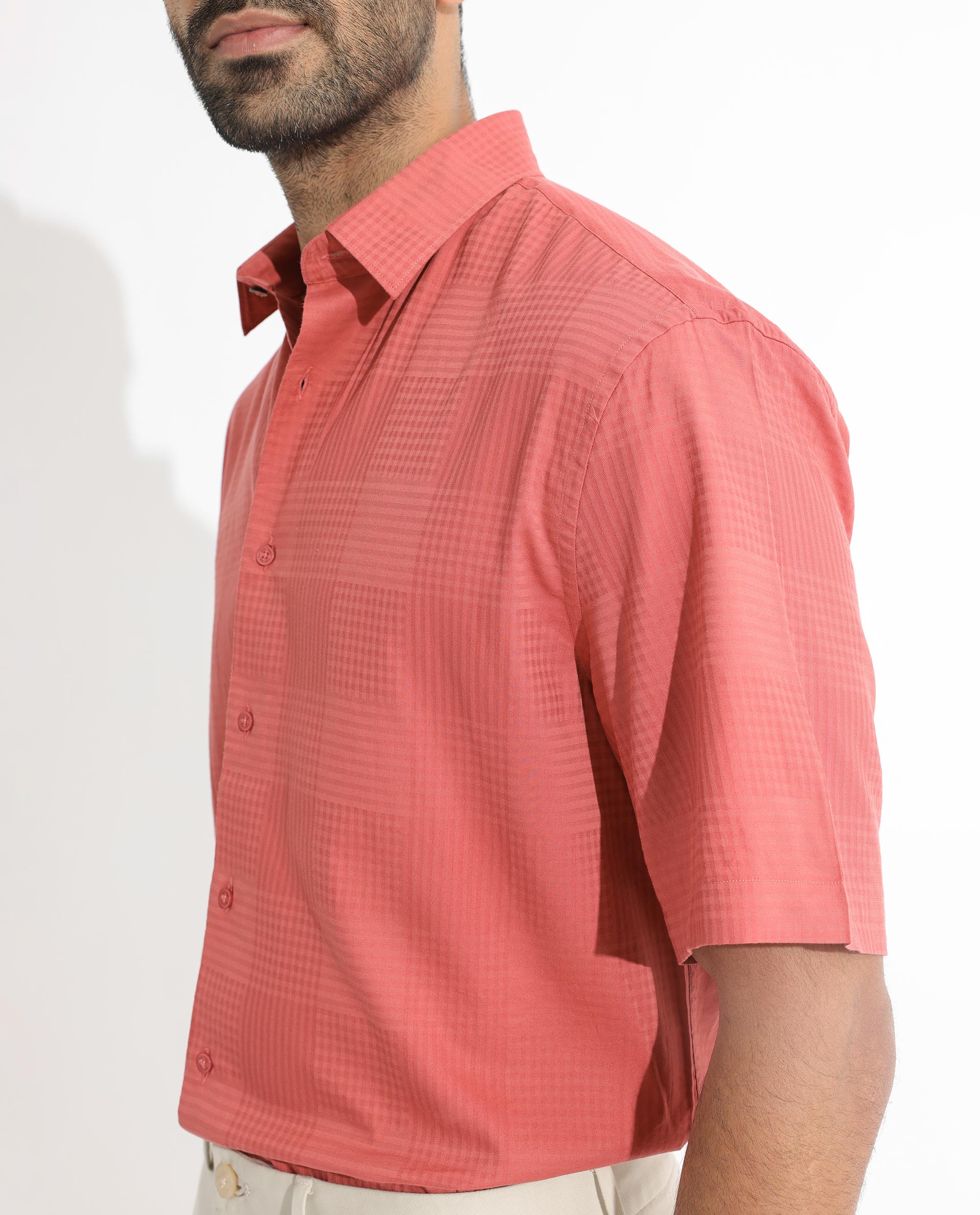 Rare Rabbit Men's Pied Rust Cotton Lyocell Fabric Half Sleeves Gingham Checks Shirt