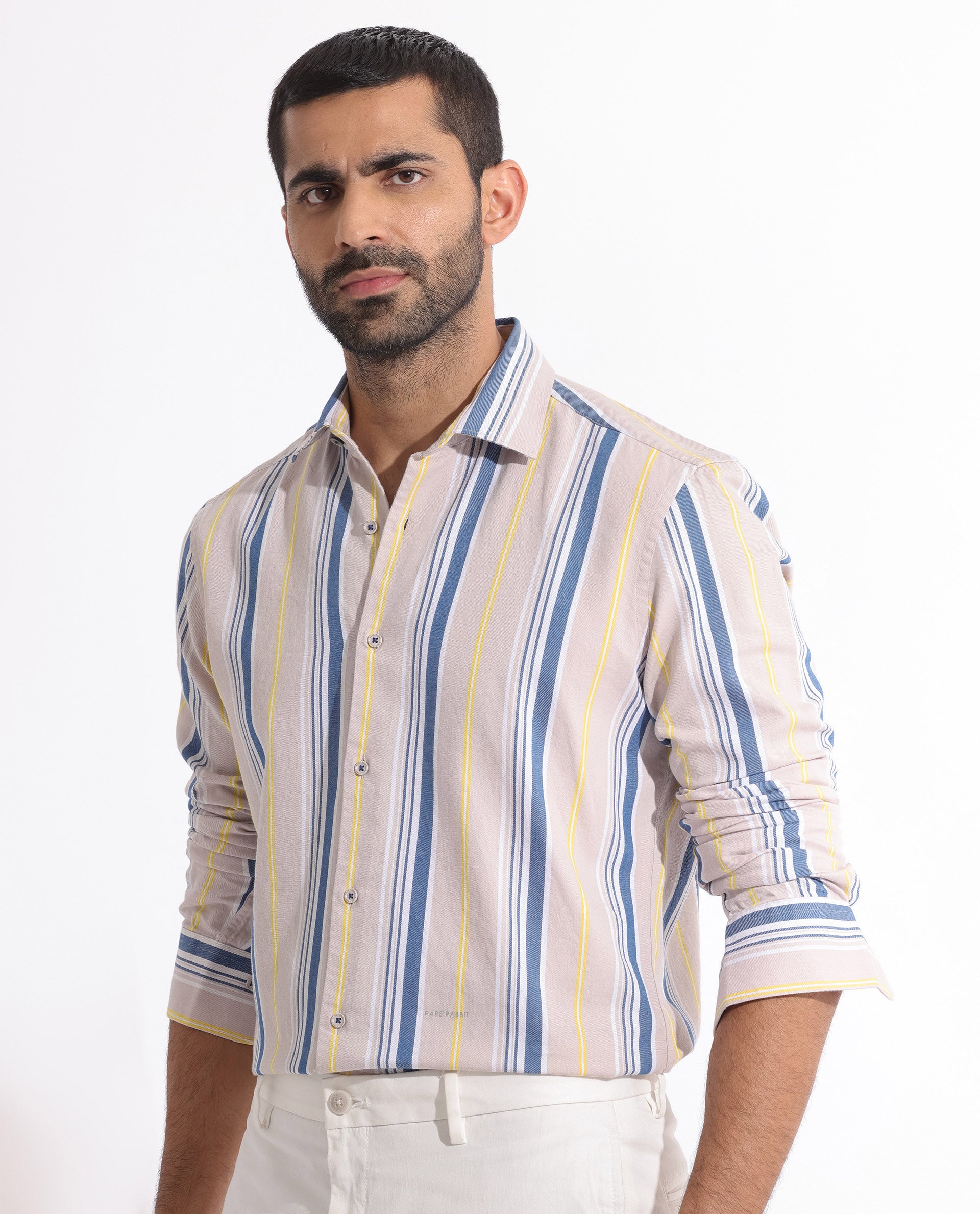 Rare Rabbit Men's Purit Dusky Brown Cotton Fabric Full Sleeves Striped Shirt